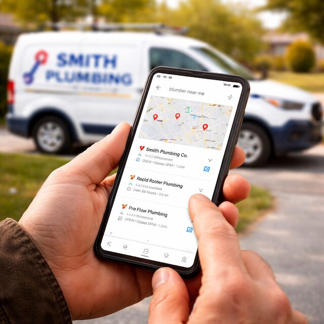 Google Maps on a phone showing local tradespeople business results