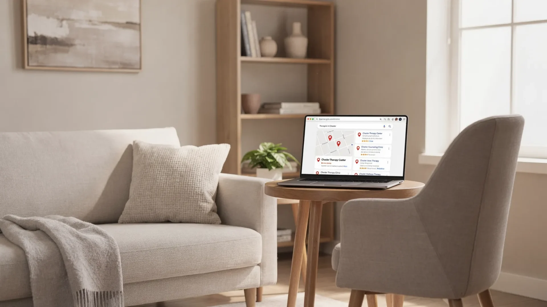 A calm, welcoming therapist office with soft lighting, a simple sofa and chair setup, a small plant, and a laptop on a side table. On the laptop screen (facing the viewer correctly) is a Google search results page showing a local map pack for “therapist in Chester”.