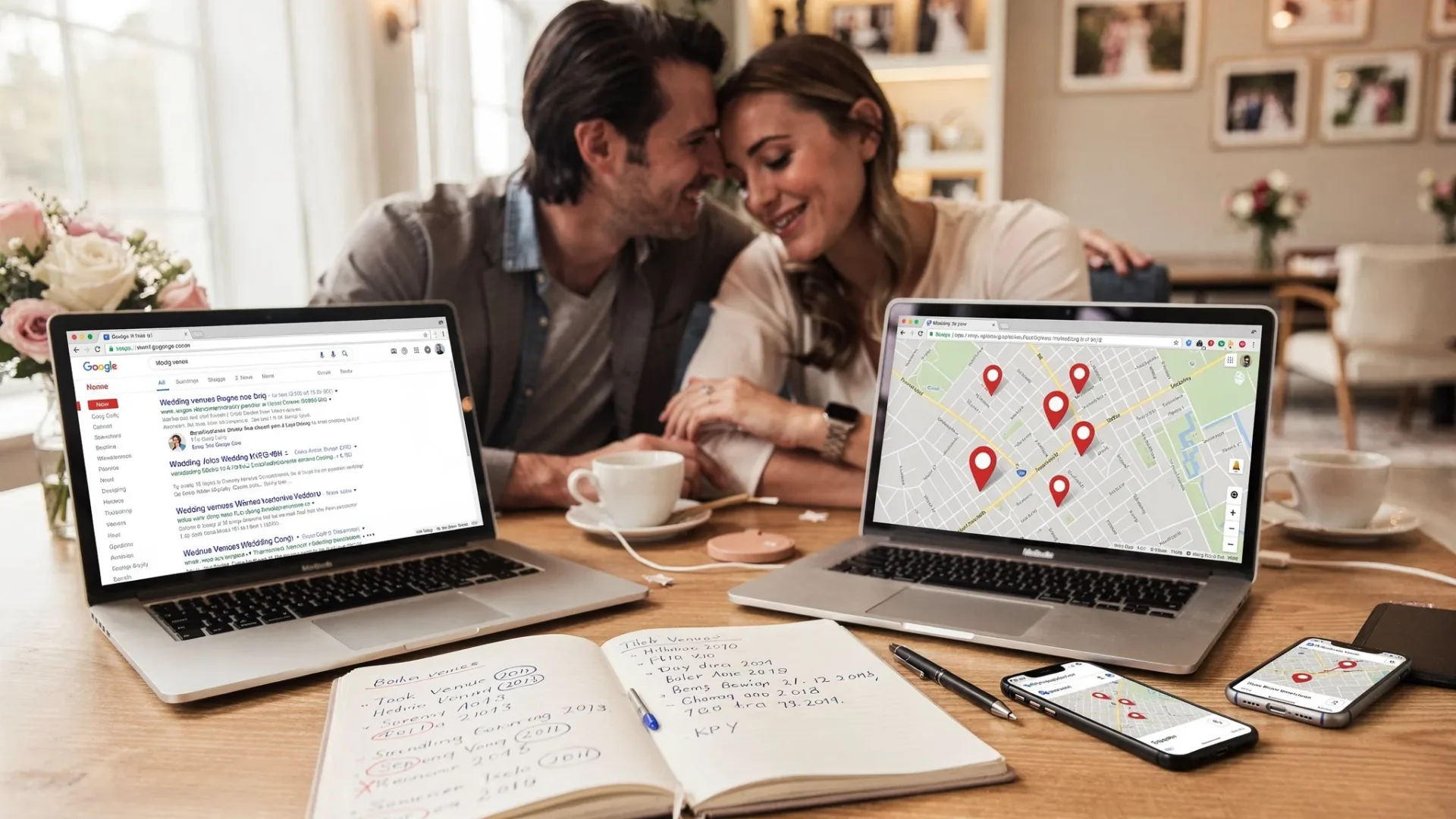 A couple planning a wedding at a venue, sitting with a laptop and a phone open to Google search results and Google Maps, with a notebook showing shortlisted venues and available dates.