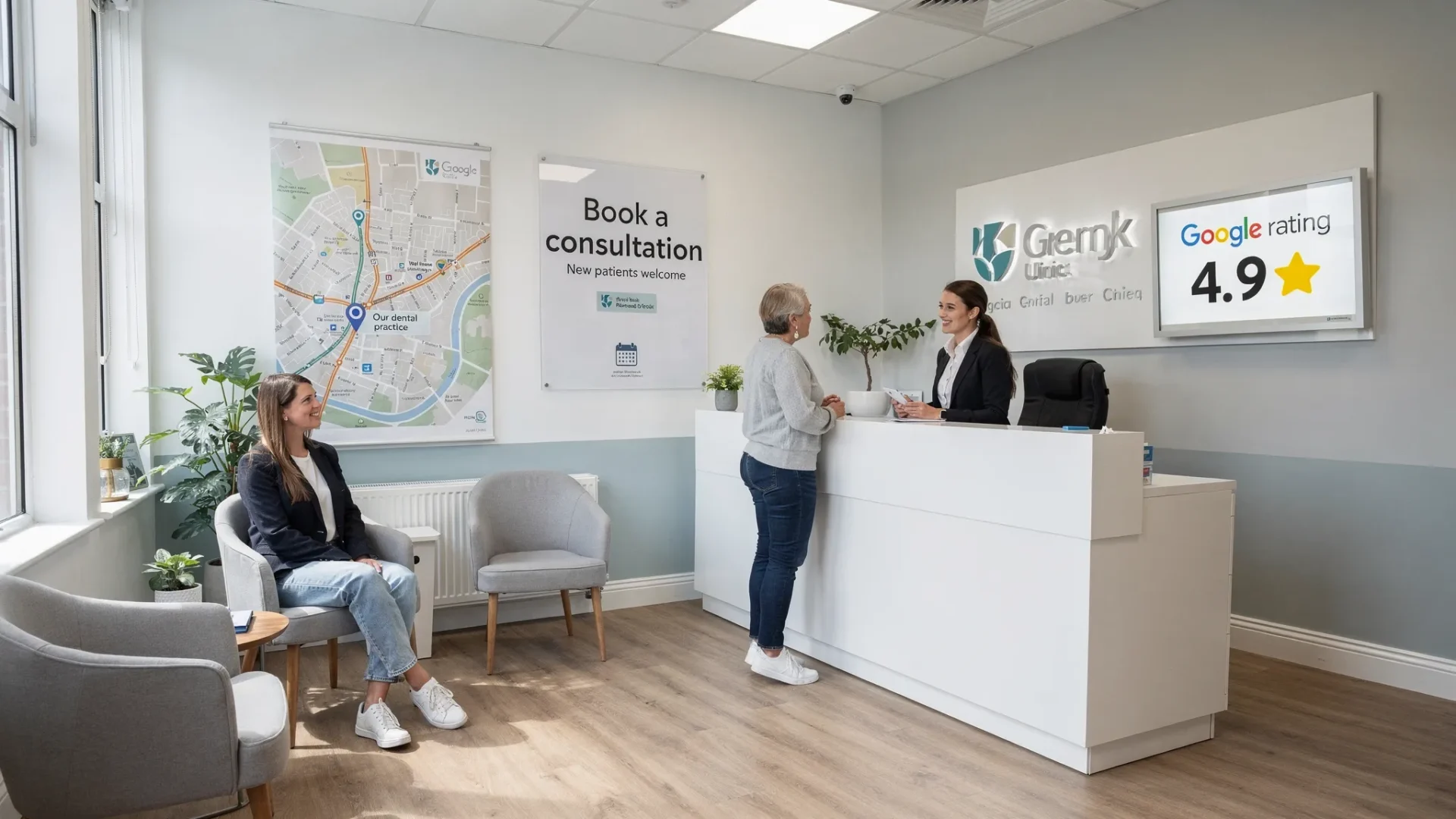 A friendly UK dental practice reception area with clear signage, a visible Google rating display on the wall, a simple “Book a consultation” call-to-action poster, and a local map showing the practice location nearby.