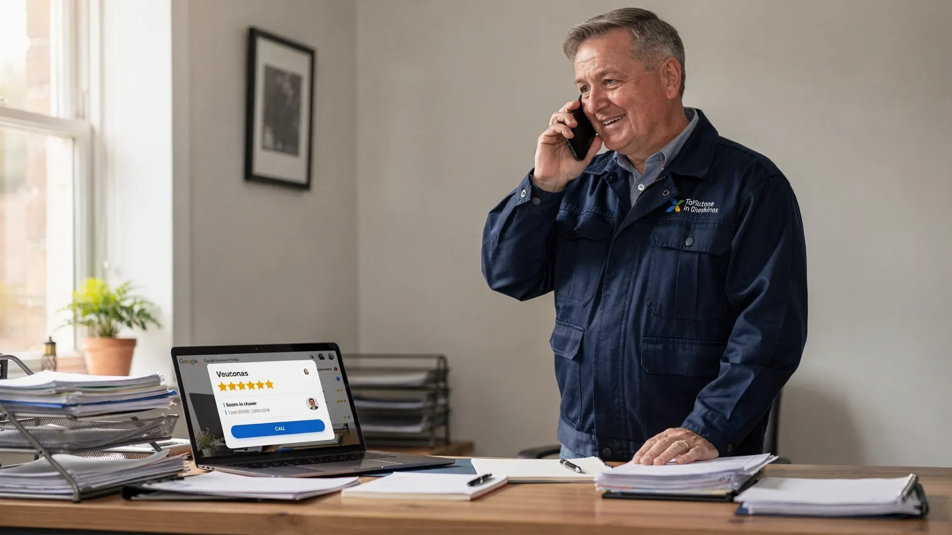 A local Cheshire small business owner in a branded work jacket answering a phone call in a tidy office, with a subtle view of a Google Business Profile panel showing reviews, opening hours and a call button.
