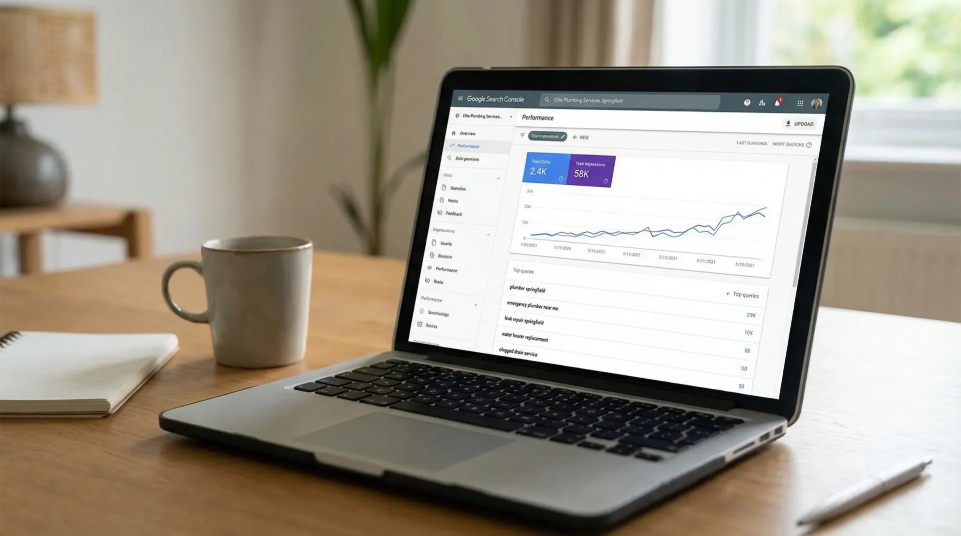 A realistic mock-up of a Google Search Console performance report showing impressions, clicks, and top queries for a local service business.