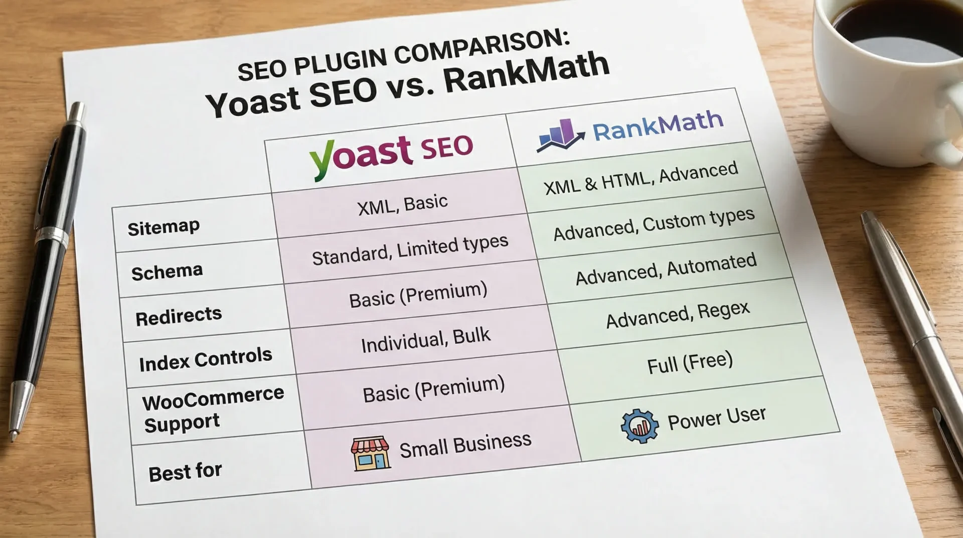 A side-by-side comparison table layout showing Yoast SEO and RankMath with rows for sitemap, schema, redirects, index controls, WooCommerce support, and a final row for “best for” with small business vs power user labels.