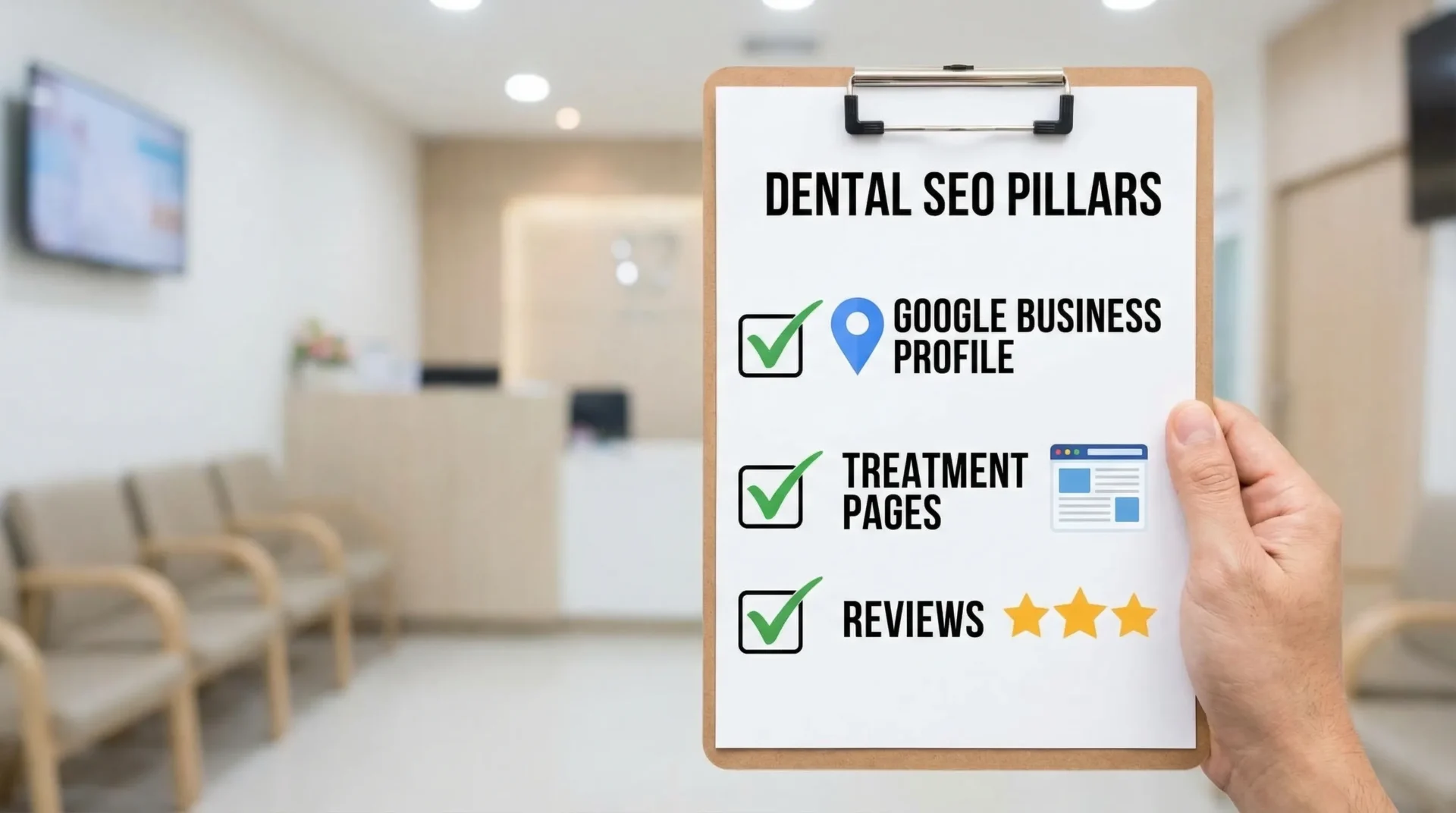 A simple checklist-style illustration showing the three pillars of dental SEO: Google Business Profile, treatment pages, and reviews, with icons for a map pin, a webpage, and star ratings.