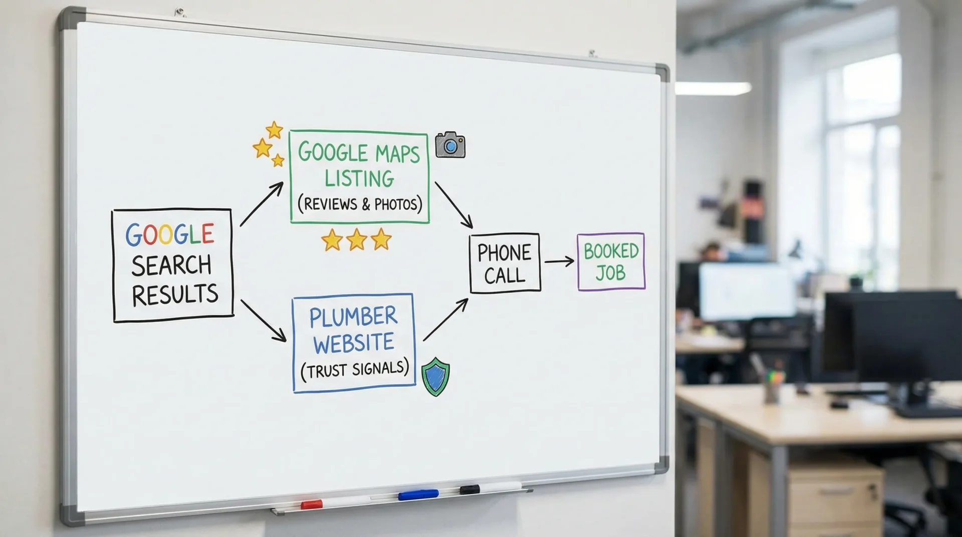 A simple diagram showing a plumbing lead flow: Google search results leading to Google Maps listing and a plumber website, then to a phone call and booked job, with key trust signals like reviews and photos.
