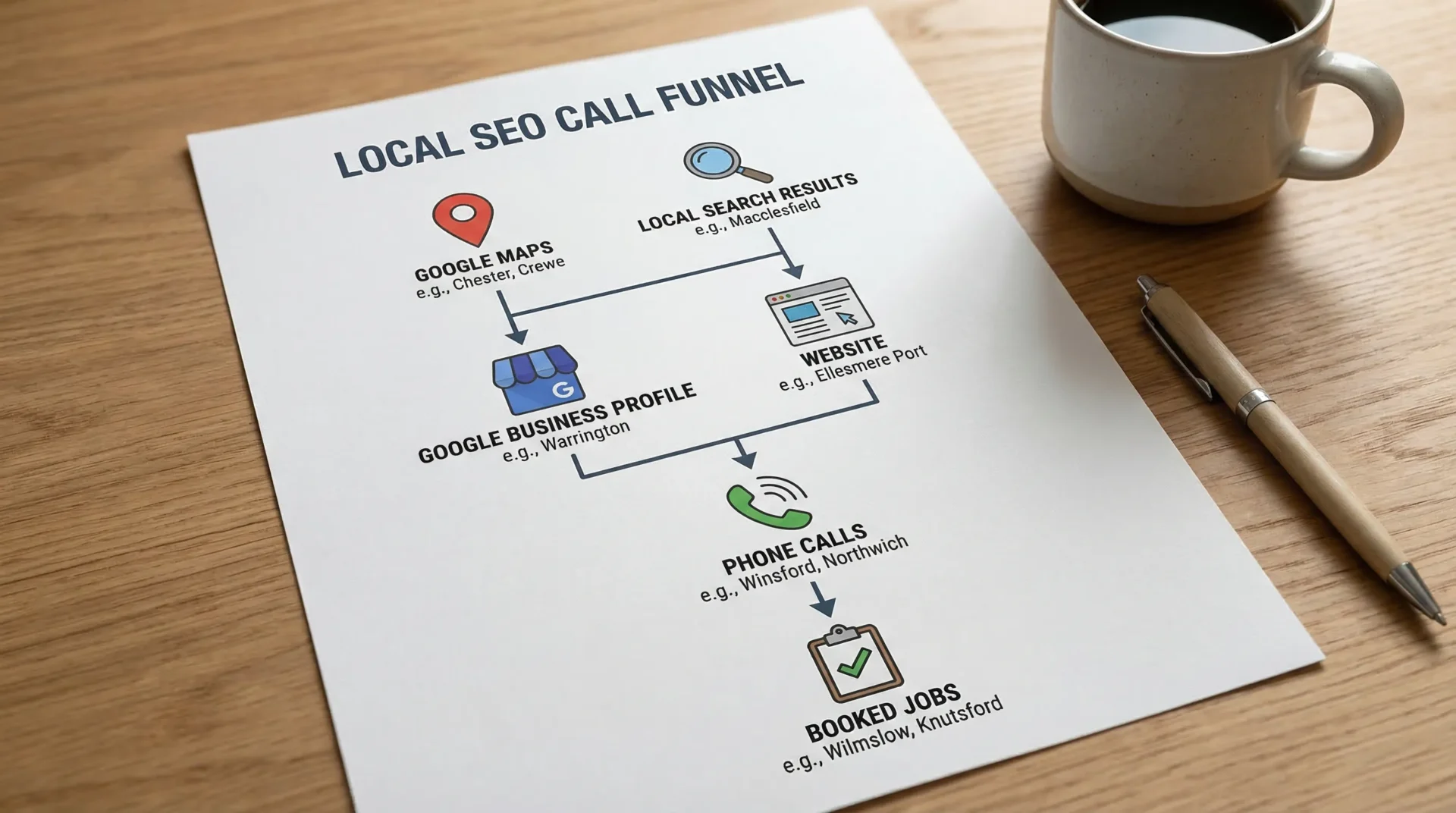 A simple diagram showing the local SEO call funnel: Google Maps and local search results leading to Google Business Profile and website, then to phone calls and booked jobs, with Cheshire town names as examples.