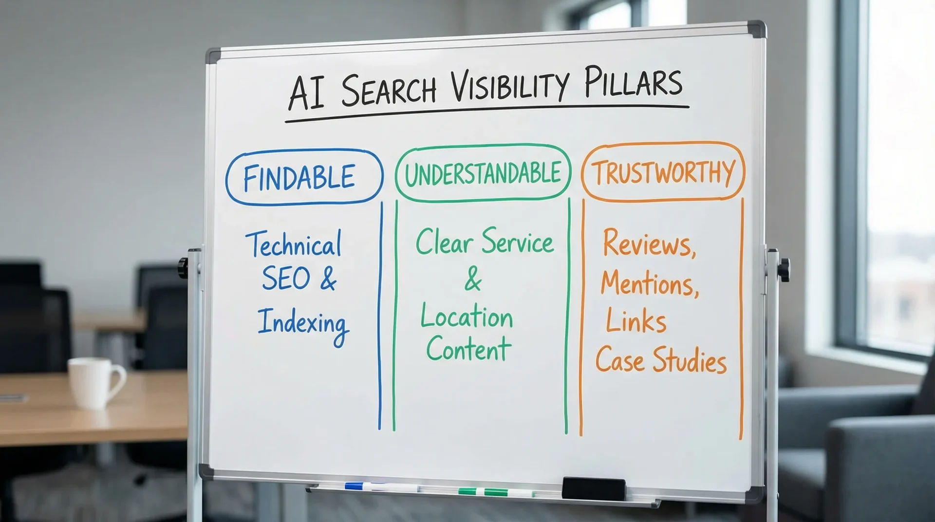 A simple diagram showing three pillars for AI search visibility: Findable (technical SEO and indexing), Understandable (clear service and location content), Trustworthy (reviews, mentions, links, case studies).