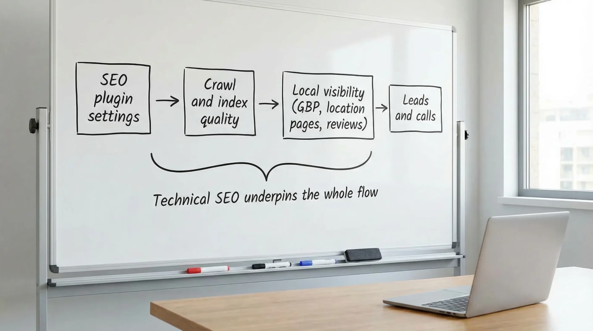 A simple flow diagram showing: “SEO plugin settings” feeding into “Crawl and index quality”, then “Local visibility (GBP, location pages, reviews)”, then “Leads and calls”, with a note that technical SEO underpins the whole flow.
