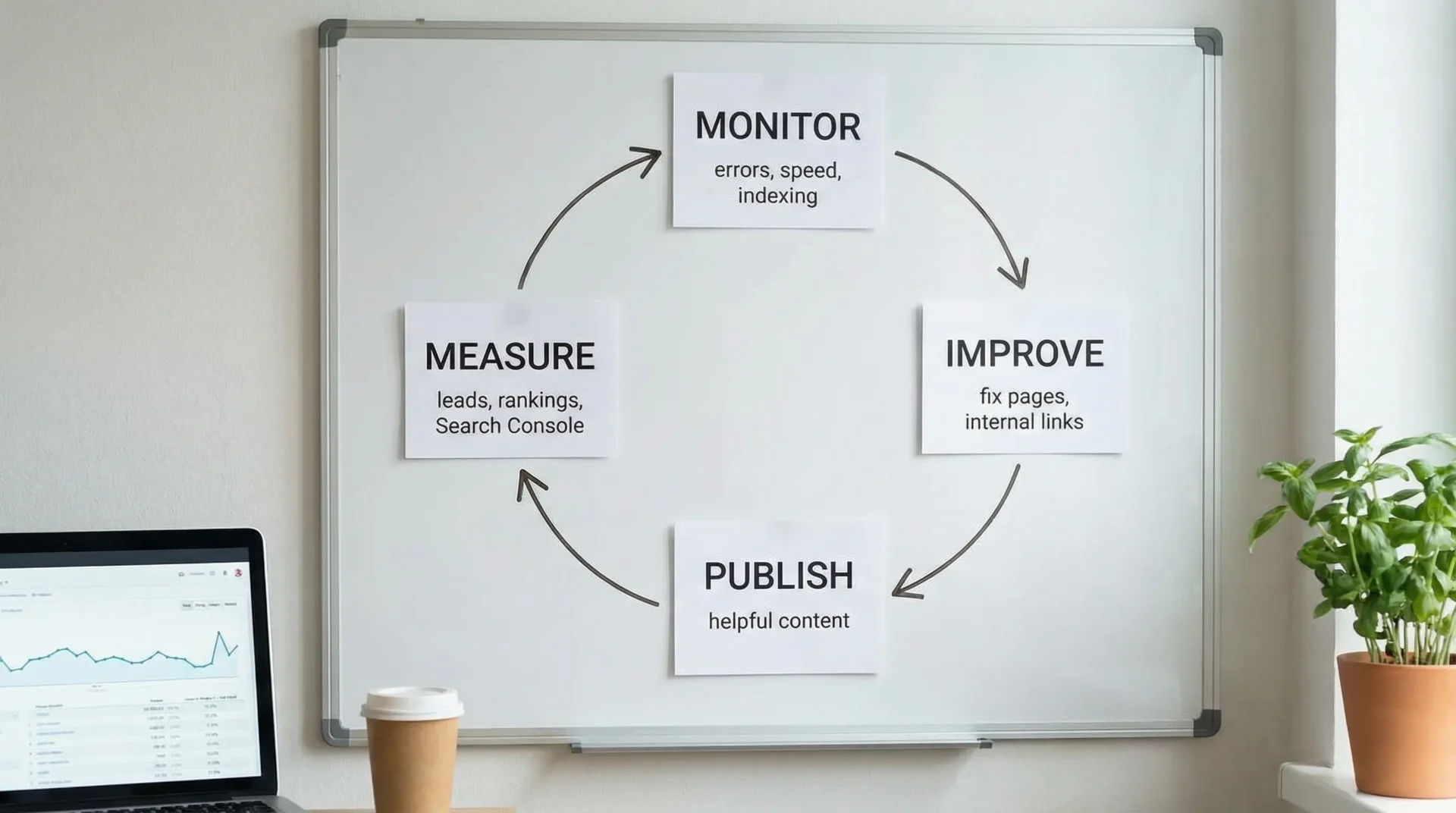 A simple four-step diagram showing an SEO automation loop: Monitor (errors, speed, indexing), Improve (fix pages, internal links), Publish (helpful content), Measure (leads, rankings, Search Console), with arrows forming a cycle.