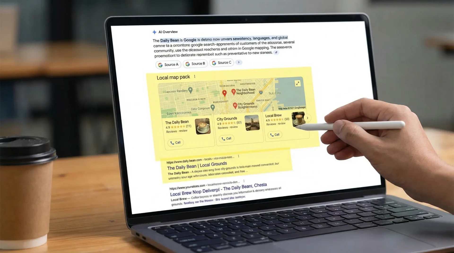 A simple illustration of a modern Google search results page showing an AI Overview box at the top with cited sources, a local map pack with three businesses, and traditional organic results below, highlighting where local businesses can win visibility.