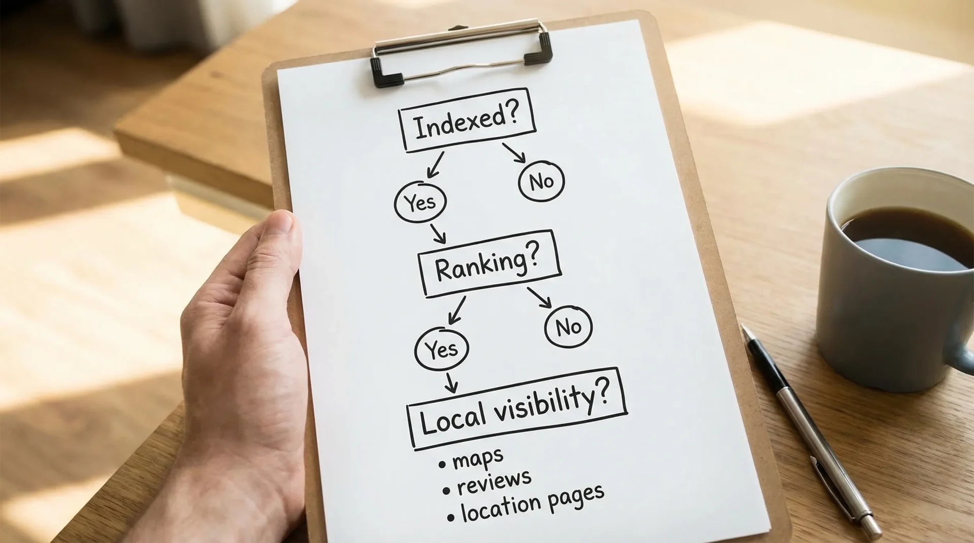 A simple illustration showing a three-step troubleshooting flow: “Indexed?” (yes/no), “Ranking?” (yes/no), and “Local visibility?” (maps, reviews, location pages).