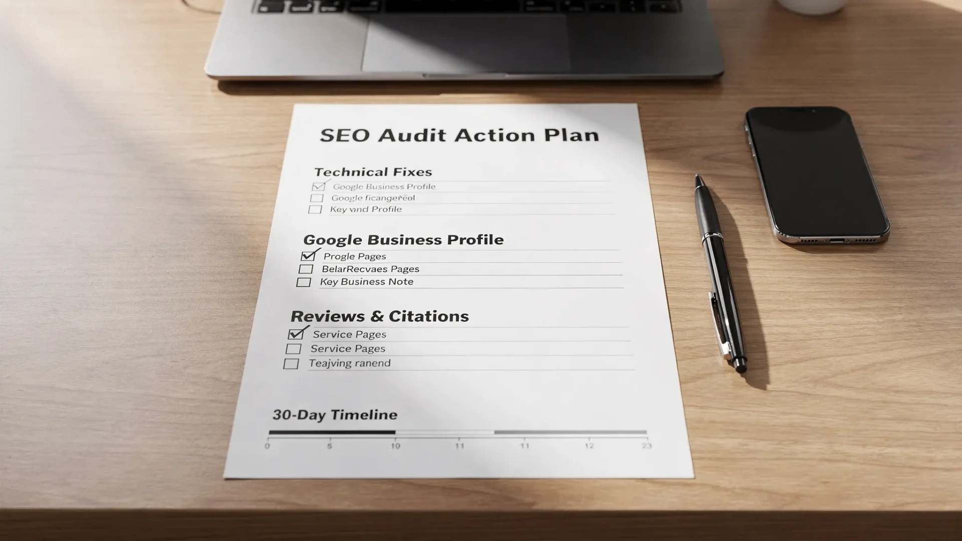 A simple one-page SEO audit action plan laid out on a desk: sections for Technical Fixes, Google Business Profile, Key Service Pages, Reviews & Citations, and Tracking, with tick boxes and a 30-day timeline.