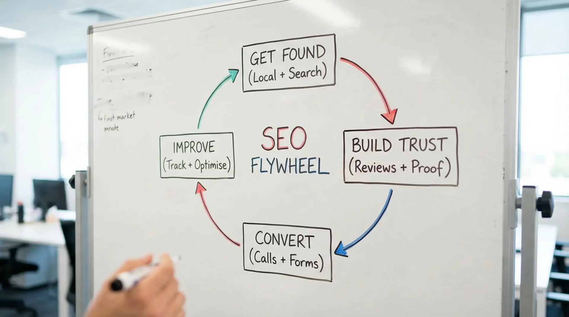 A simple “SEO flywheel” diagram with four steps in a loop: Get found (Local + Search), Build trust (Reviews + Proof), Convert (Calls + Forms), Improve (Track + Optimise).