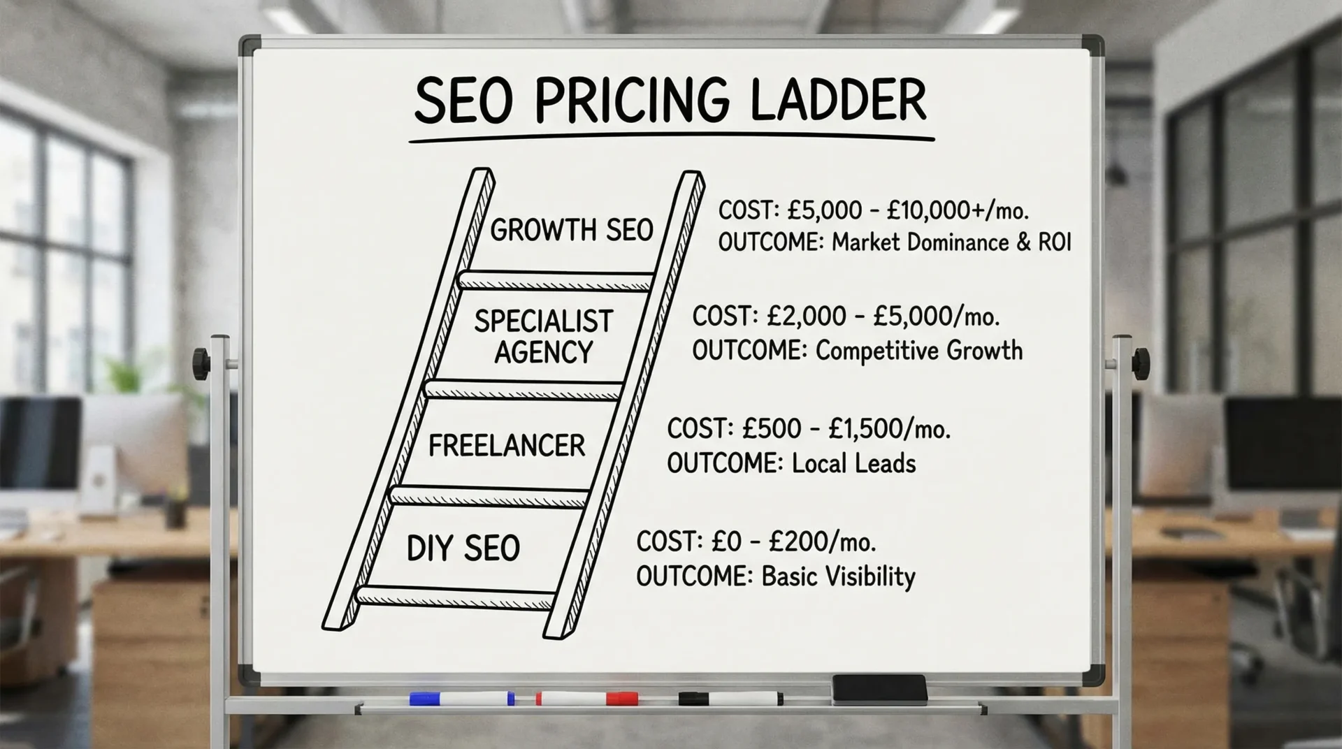 A simple “SEO pricing ladder” visual showing four tiers (DIY, freelancer, specialist agency, growth SEO). Each tier lists a typical monthly UK cost range and the main outcome (visibility, local leads, competitive growth).