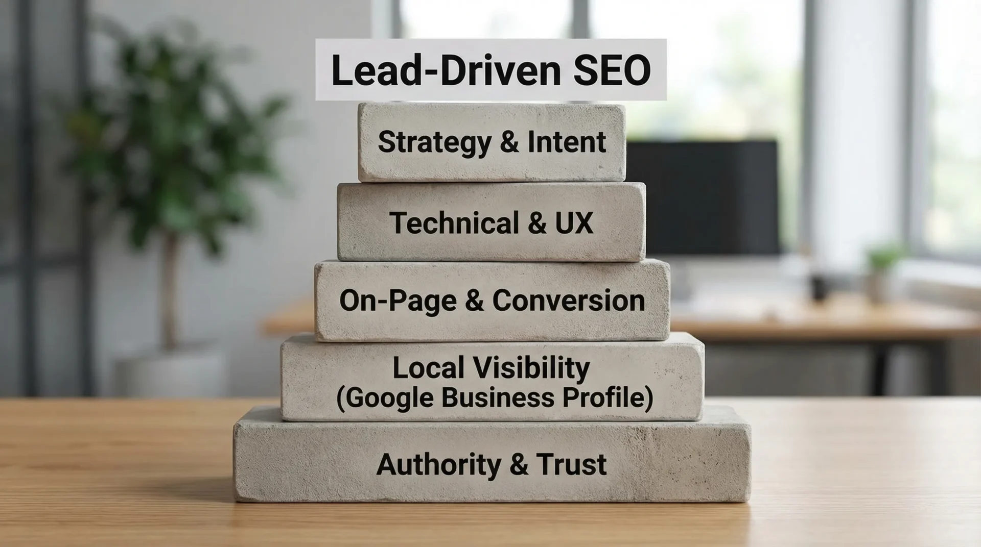 A simple visual showing five labelled blocks stacked like building bricks, titled “Lead-Driven SEO”. The five bricks are: Strategy & Intent, Technical & UX, On-Page & Conversion, Local Visibility (Google Business Profile), Authority & Trust.