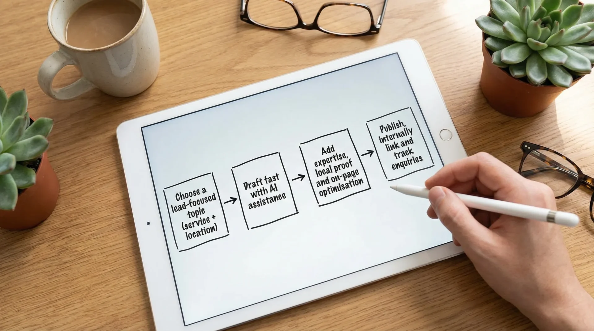 A simple workflow diagram with four labelled boxes connected by arrows: “Choose a lead-focused topic (service + location)”, “Draft fast with AI assistance”, “Add expertise, local proof and on-page optimisation”, “Publish, internally link and track enquiries”.