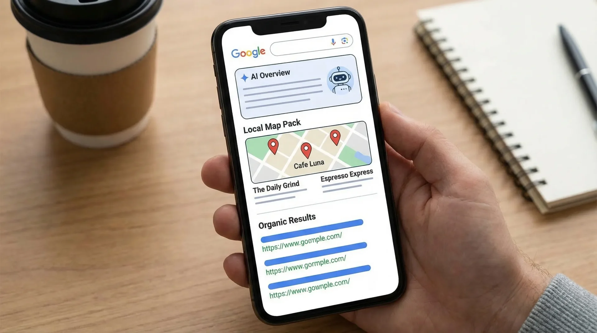 A simplified illustration of a modern Google results page showing an AI overview section, a local map pack with three business listings, and traditional organic results below.