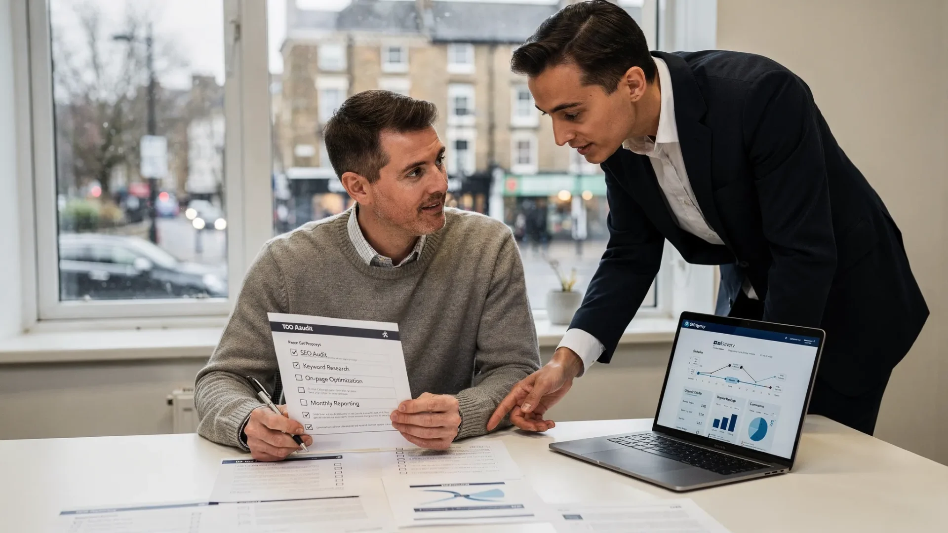 A small business owner in the UK reviewing an SEO agency proposal with a checklist on paper, while a consultant points to a laptop screen showing a simple SEO roadmap and monthly reporting examples in a meeting room.