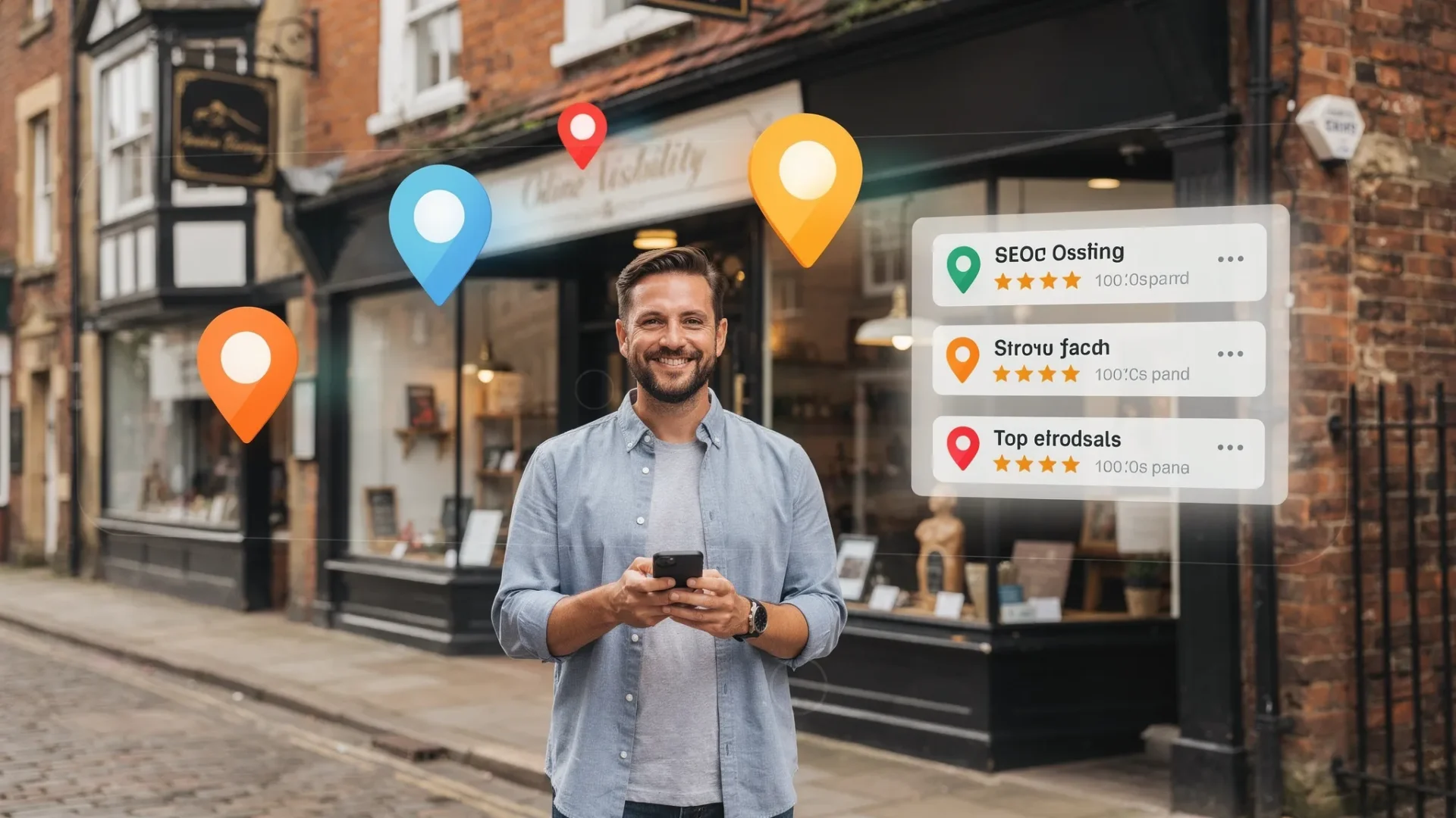 A small local business owner in Chester standing outside a shopfront on a traditional street, holding a phone as map pins and a Google Maps style local pack float subtly above the street, conveying local SEO visibility and enquiries.