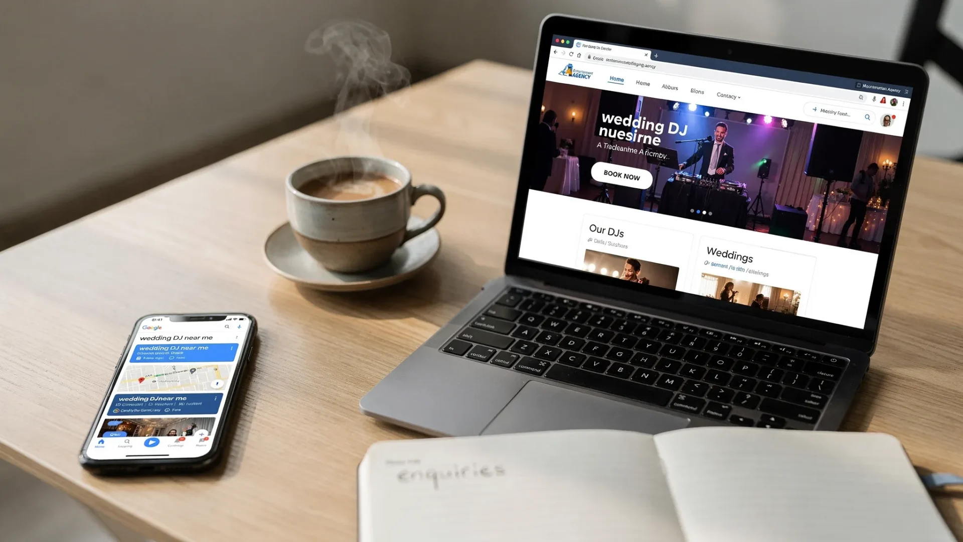 A smartphone showing a Google search for “wedding DJ near me” on a table next to an open laptop with an entertainment agency website. A notebook with “enquiries” written on it sits beside a coffee cup, suggesting lead generation and bookings.