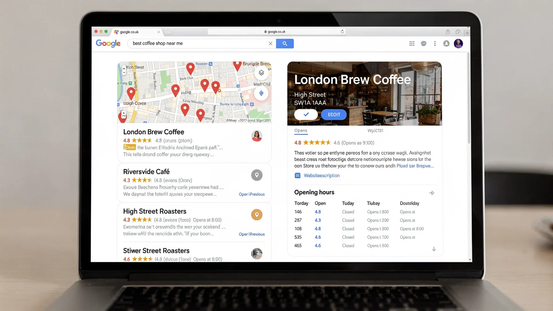 A UK local Google search results page showing a map pack with three business listings, star ratings, opening hours, and a highlighted business profile panel on the right.