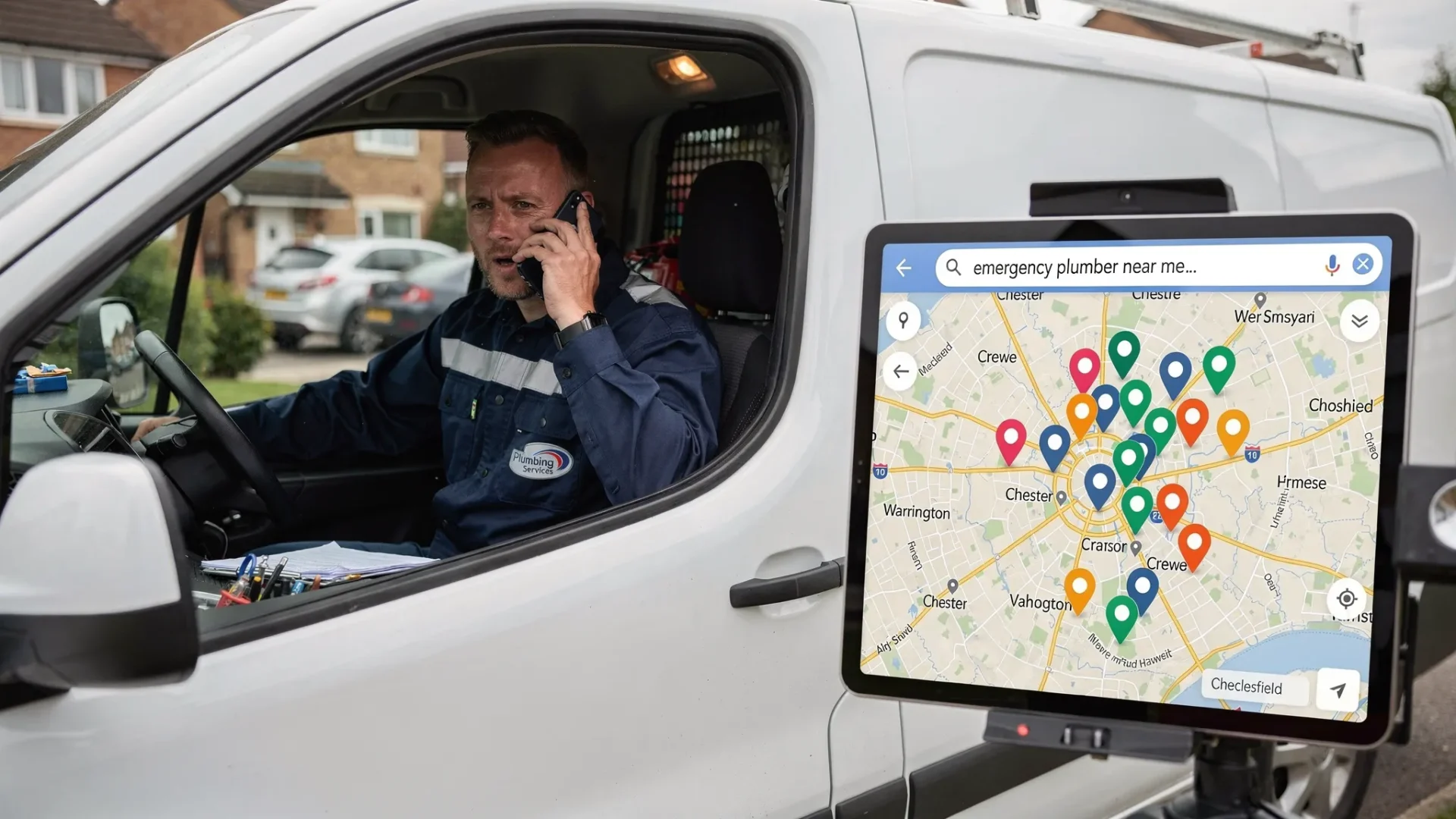 A UK plumber answering a phone call in a van while a nearby street map shows location pins around Cheshire towns, representing Google Maps visibility and emergency local searches.