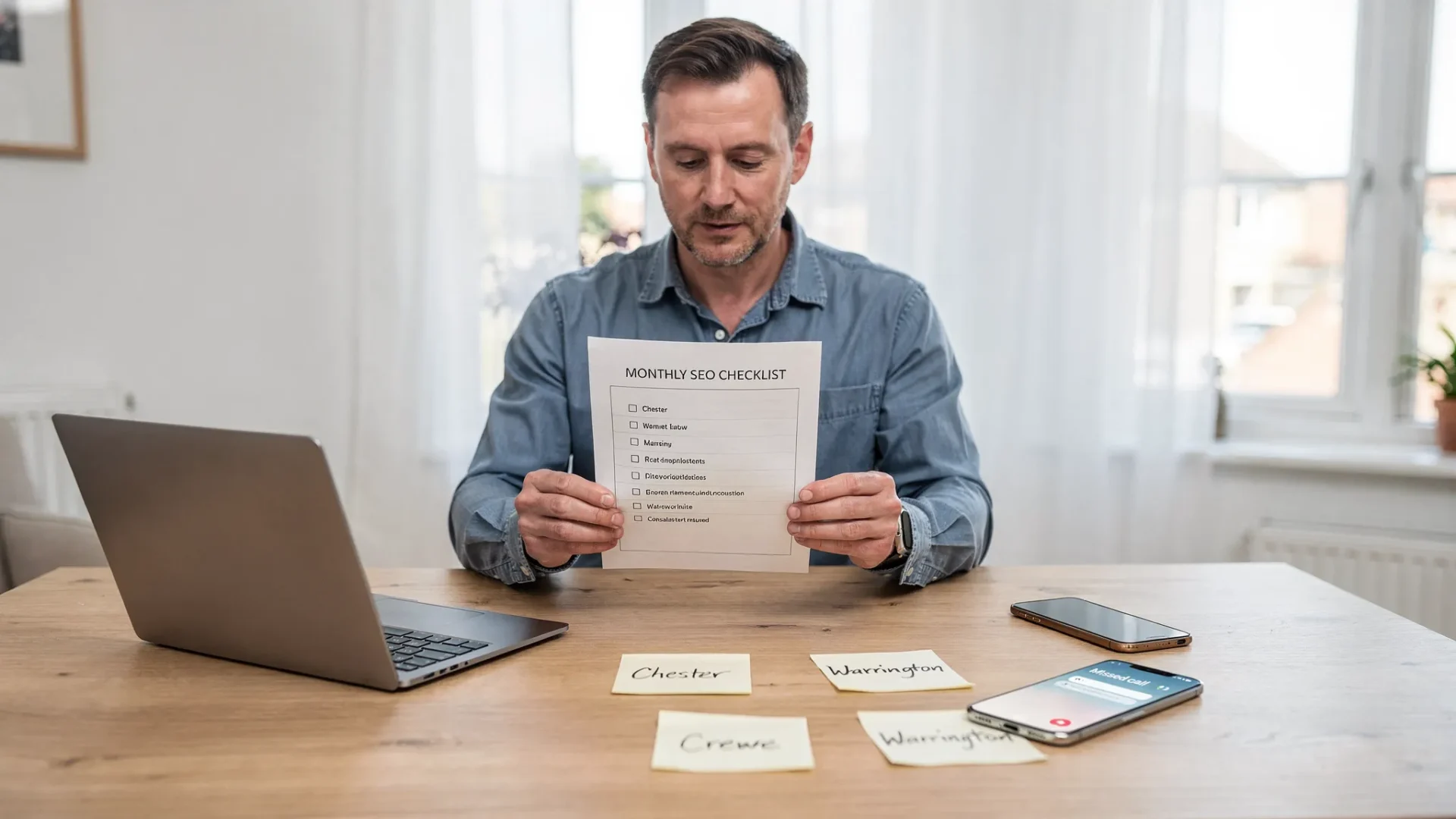 A UK small business owner in a bright office reviewing a simple monthly SEO checklist on paper while a laptop sits open nearby (screen facing the right direction, no visible on-screen content). On the desk are notes labelled “Chester”, “Crewe”, and “Warrington”, plus a phone with a missed call notification to suggest lead tracking.
