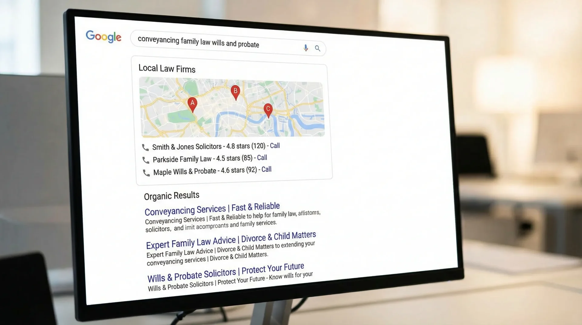 Illustration of a Google search results page showing a local map pack with three law firms, star ratings, and call buttons, plus organic results underneath for conveyancing, family law, and wills and probate.