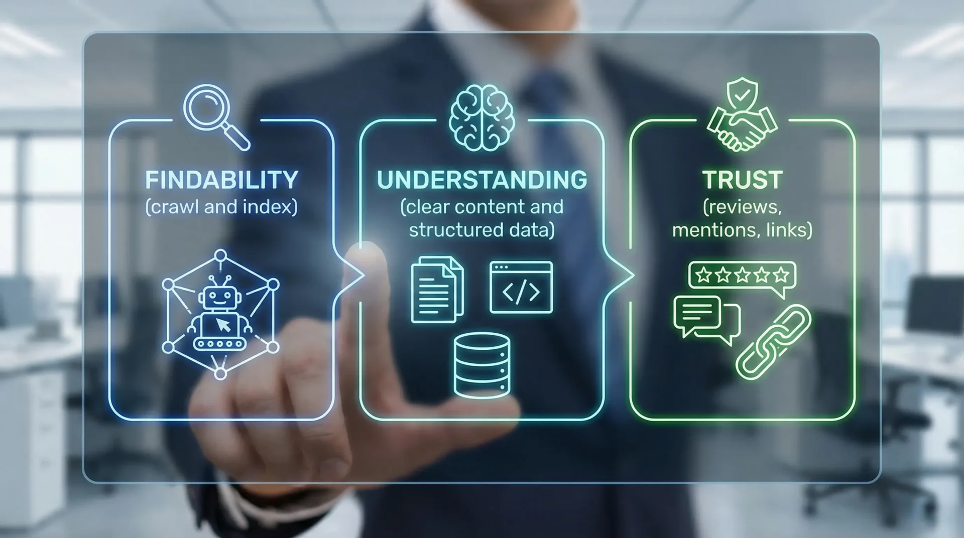 Illustration of an “AI recommendation” pipeline showing three steps: Findability (crawl and index), Understanding (clear content and structured data), and Trust (reviews, mentions, links).