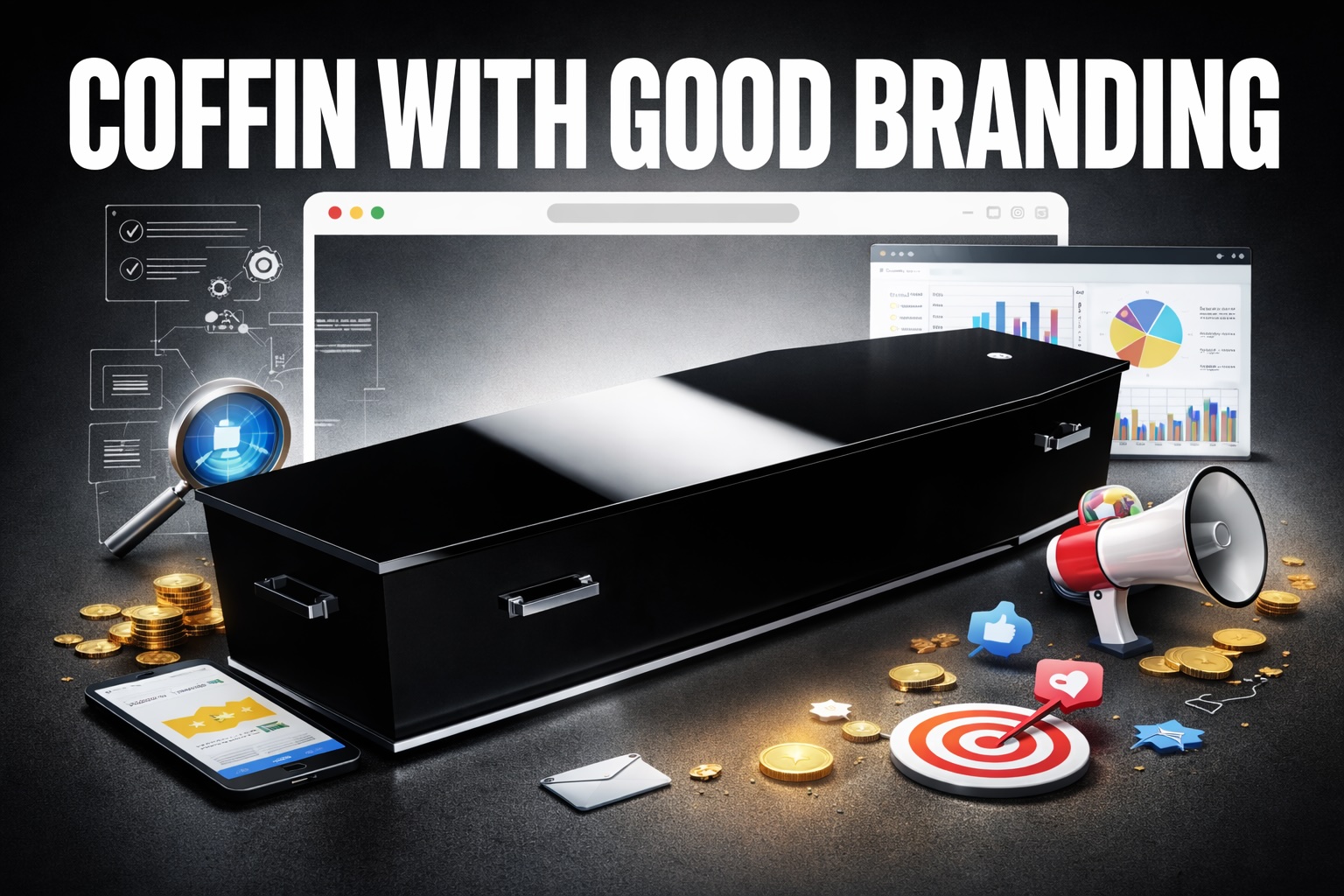 A bold, tabloid-style magazine cover image showing a glossy black coffin shaped like a modern website window, with loud headline typography reading “COFFIN WITH GOOD BRANDING” and smaller punchy cover lines like “WHY NO ONE CALLS” and “THE 5 FIXES”. High contrast, dramatic lighting, confrontational design, no people, no stock-photo vibes.