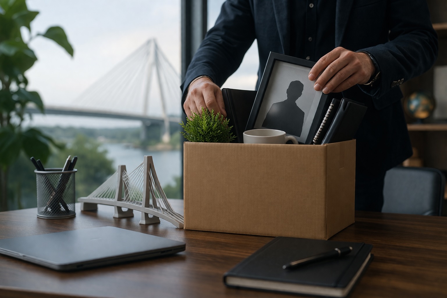A small digital marketing agency desk in the evening with a laptop open to analytics charts, a notebook with SEO tasks, a coffee mug, and a phone showing missed calls, giving a gritty, real-world small business vibe.