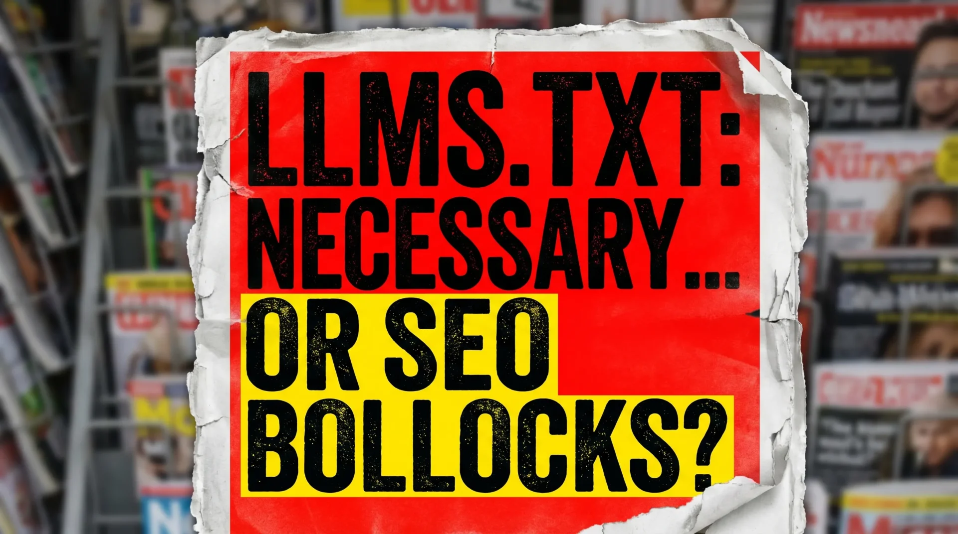 A bold, confrontational magazine-cover style graphic with dramatic typography reading “LLMS.TXT: NECESSARY… OR SEO BOLLOCKS?” plus a torn-paper effect and high-contrast colours. No people, no laptops, tabloid energy.