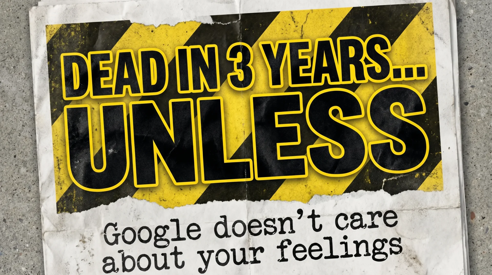 A bold, confrontational magazine-cover style image with dramatic tabloid typography that reads “DEAD IN 3 YEARS… UNLESS” over a gritty black-and-yellow background. Include torn paper textures, warning stripes, and a small subheading like “Google doesn’t care about your feelings” in a punk zine style. No people, no laptops, no stock-photo vibe.