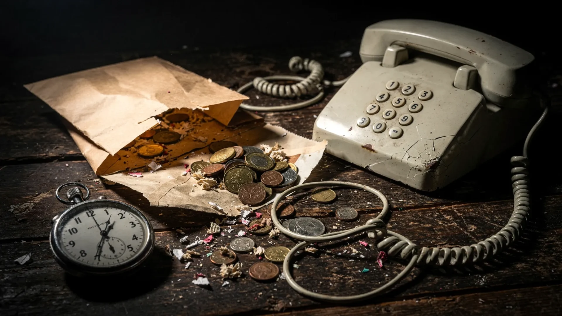 A bold, confrontational still life: a torn open brown envelope spilling coins and shredded paper onto a dark table, with a cracked old landline phone off the hook and a stopwatch beside it. Dramatic lighting, gritty editorial vibe, no text.
