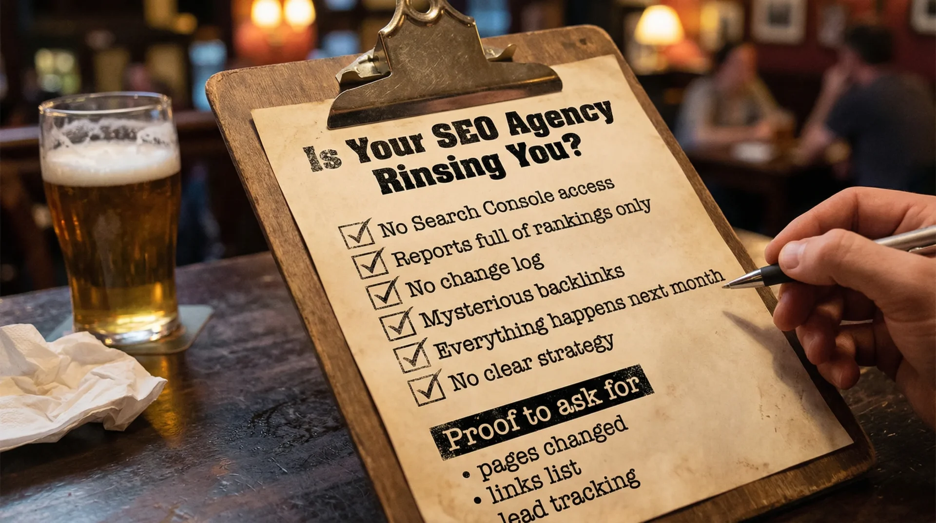 A bold, pub-style checklist graphic titled “Is Your SEO Agency Rinsing You?” with tick boxes for red flags like “No Search Console access”, “Reports full of rankings only”, “No change log”, “Mysterious backlinks”, “Everything happens next month”, and a section called “Proof to ask for” listing “pages changed”, “links list”, and “lead tracking”.