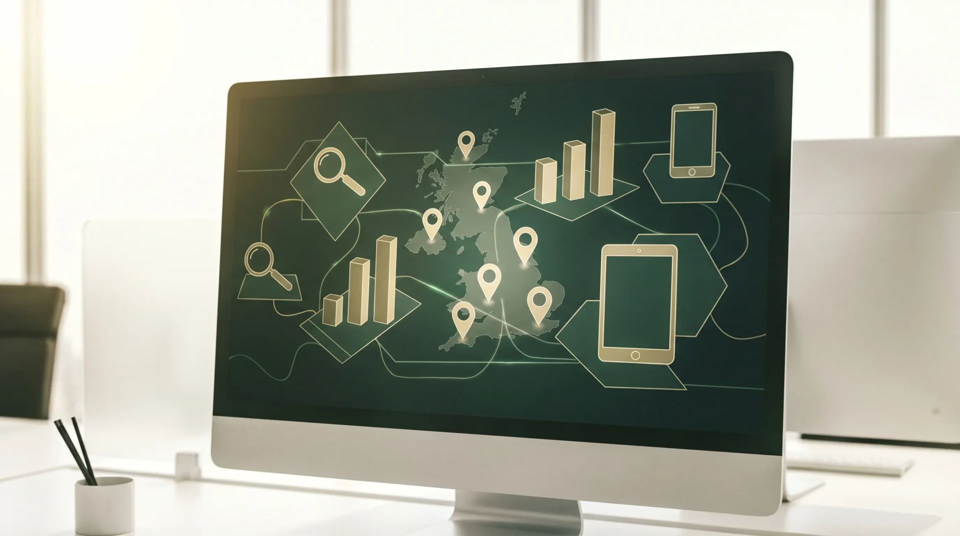 A clean abstract data visualisation with search icons, bar shapes, map markers and mobile shapes in dark green and gold, representing UK SEO statistics without any words or numbers.