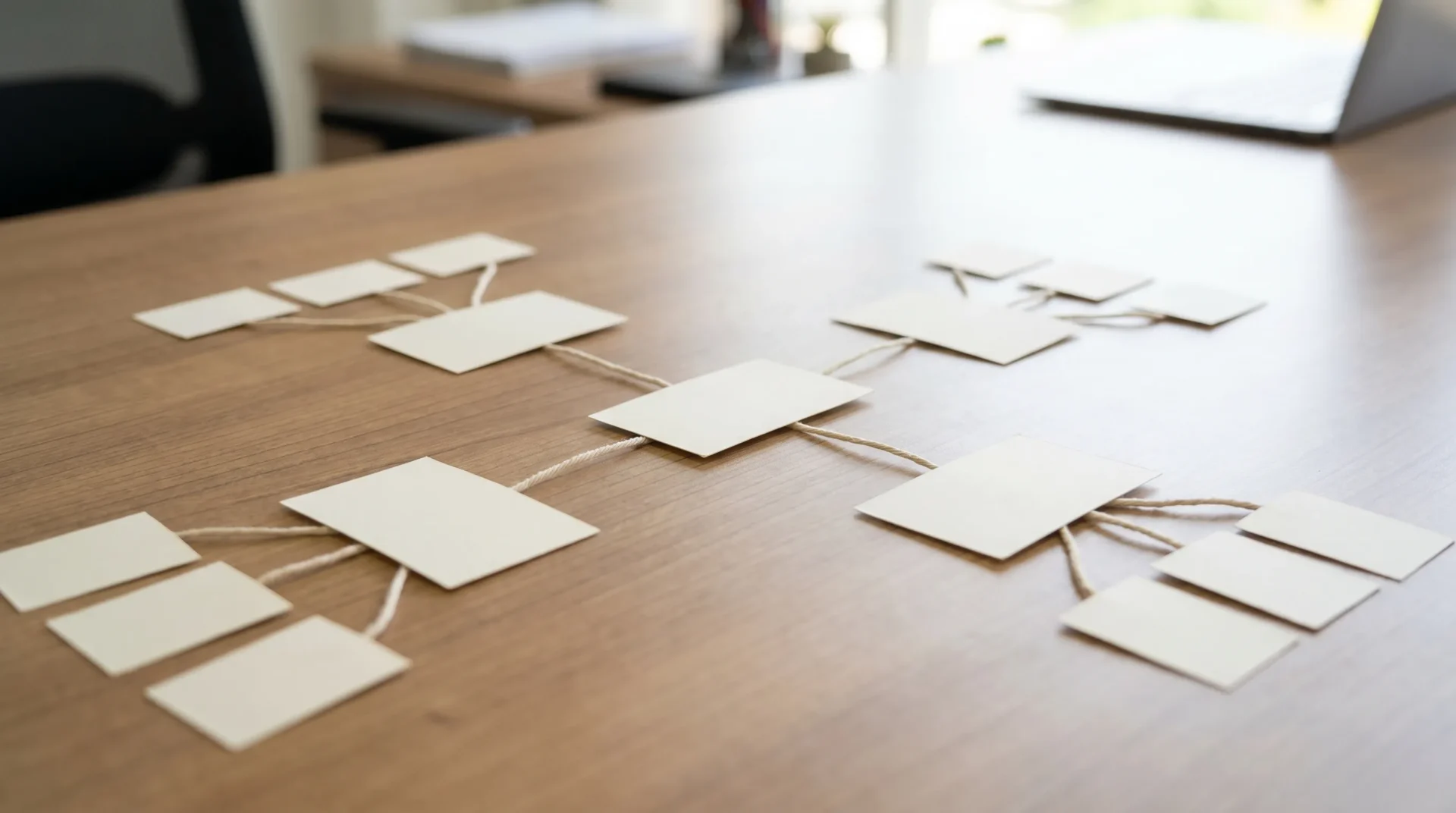 A clean minimal illustration of connected website pages, showing a homepage, service pages, blog articles and local pages as unlabelled cards joined by simple lines, with no people and no visible text.