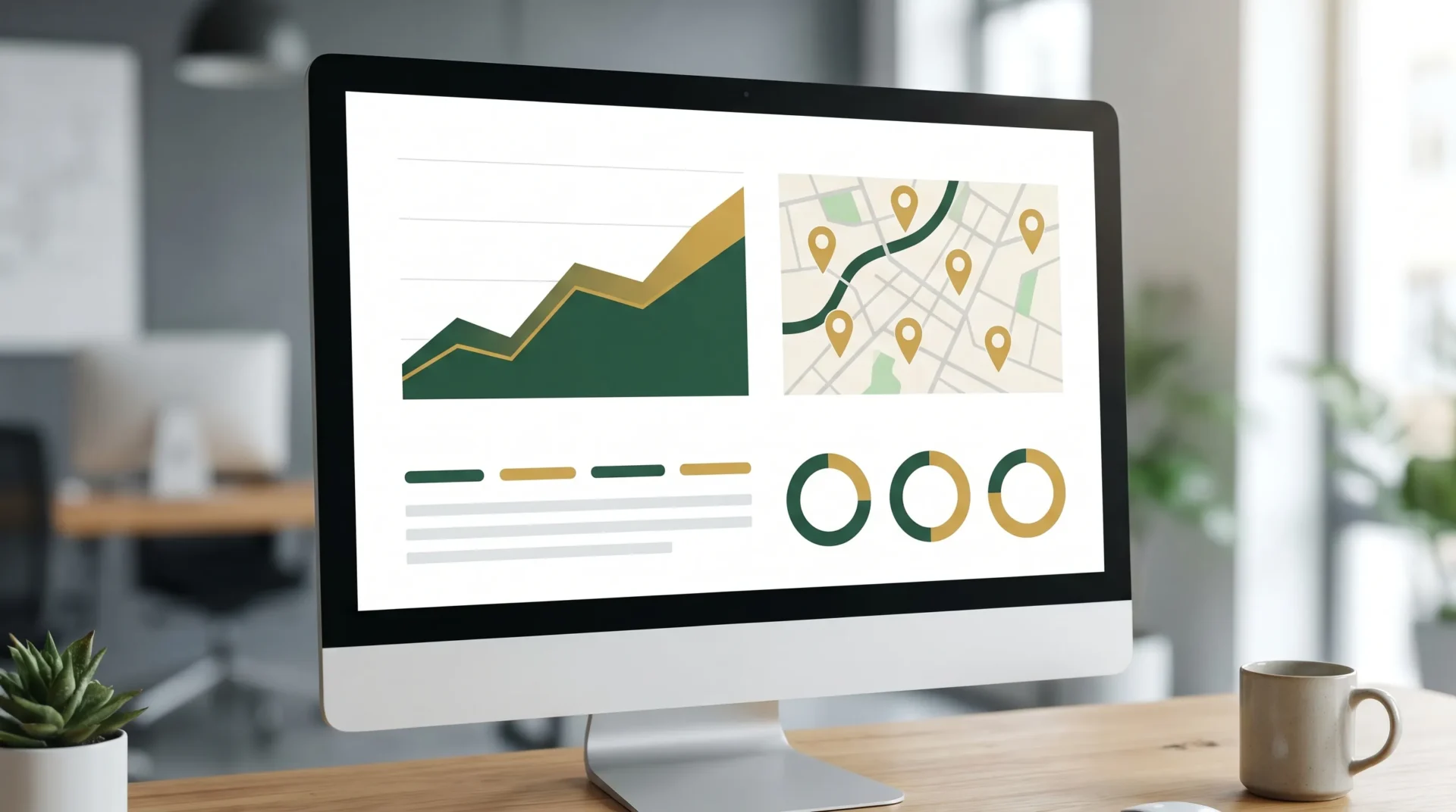 A clean minimal SEO progress dashboard with a rising line chart, map pins and website health indicators, using dark green and gold accents, with no text or people.
