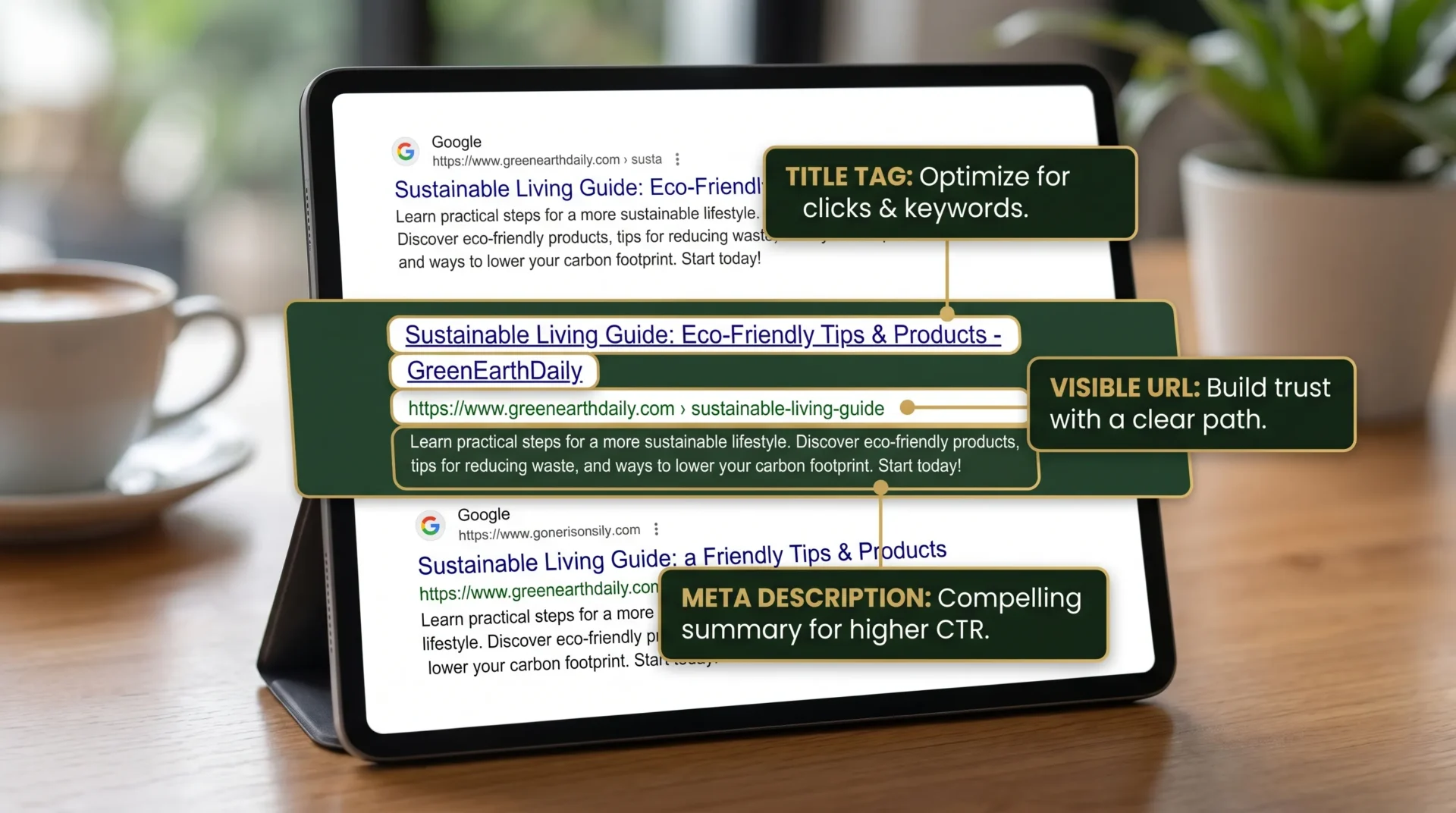 A clean mock Google search result card showing three results. The middle result is highlighted with callouts pointing to the title tag area, the meta description area, and the visible URL/breadcrumbs. Minimal flat design with dark green and gold accents.