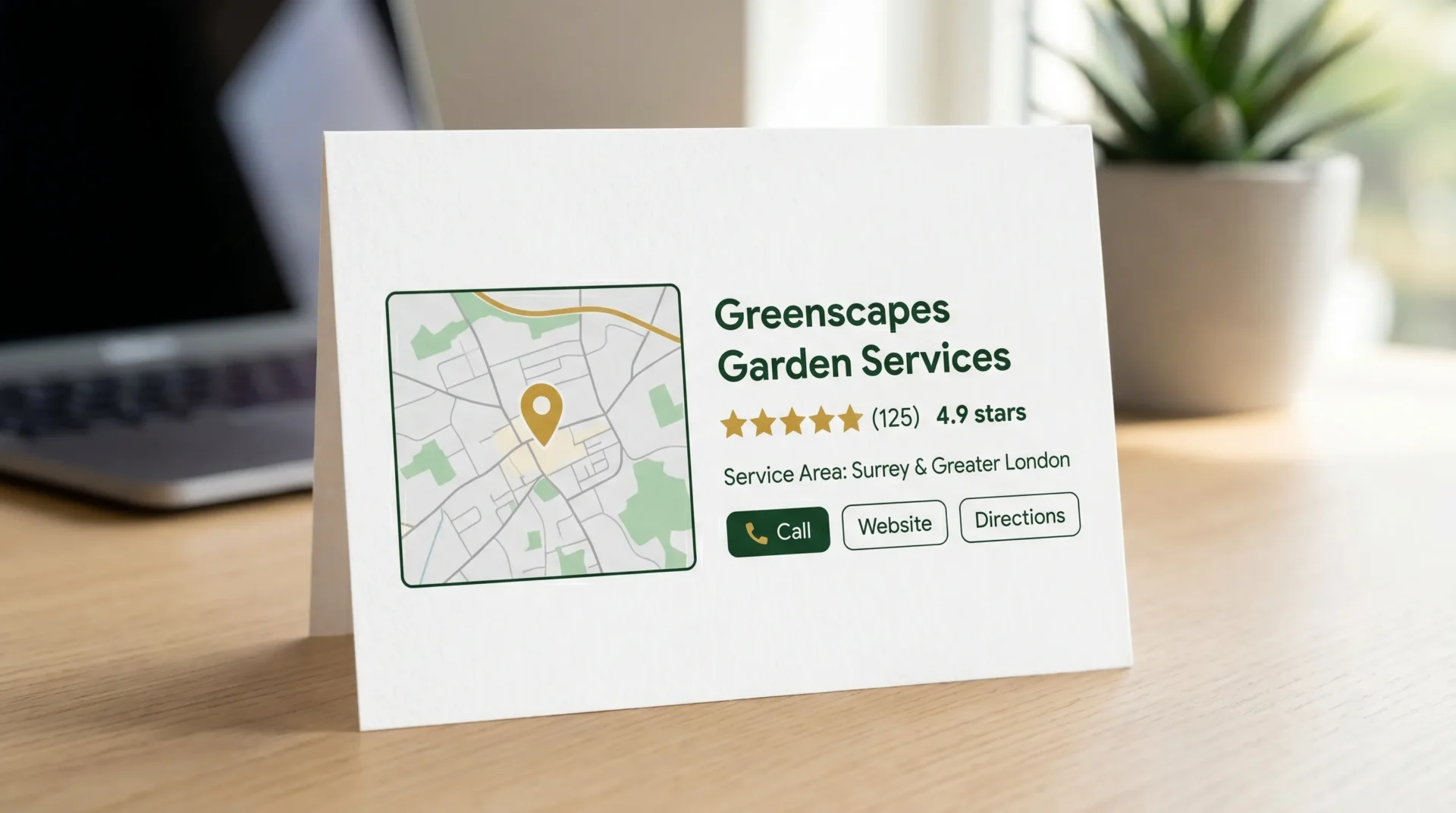 A clean mockup-style graphic of a Google local map pack result for a UK service business, showing business name, star rating, reviews count, service area mention, and “Call” button. Minimal flat design with dark green and gold accents.