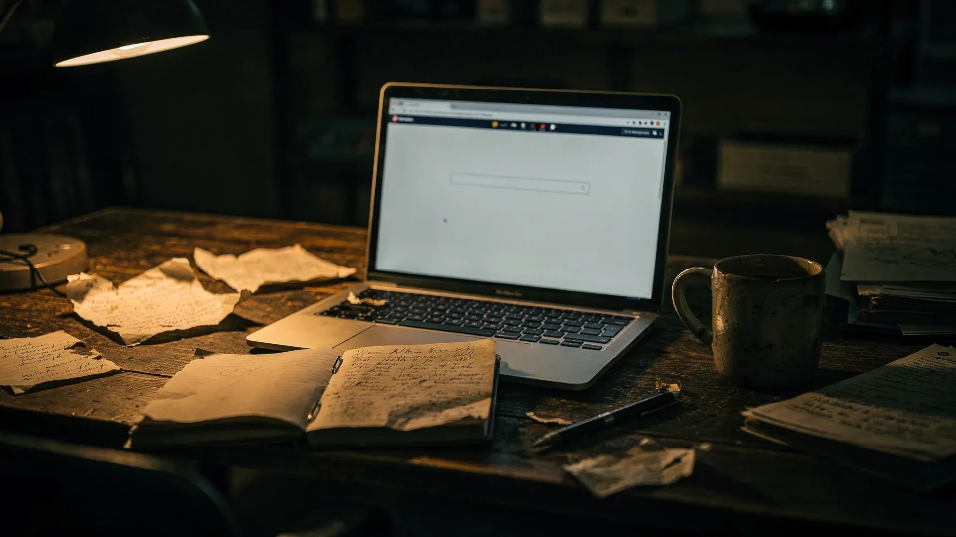 A dark, high-contrast scene of a small local business desk at night with a laptop showing a blank search bar glow, scattered handwritten notes and a battered notebook, lit in deep dark green and gold tones, cinematic and moody, no visible text on screen.