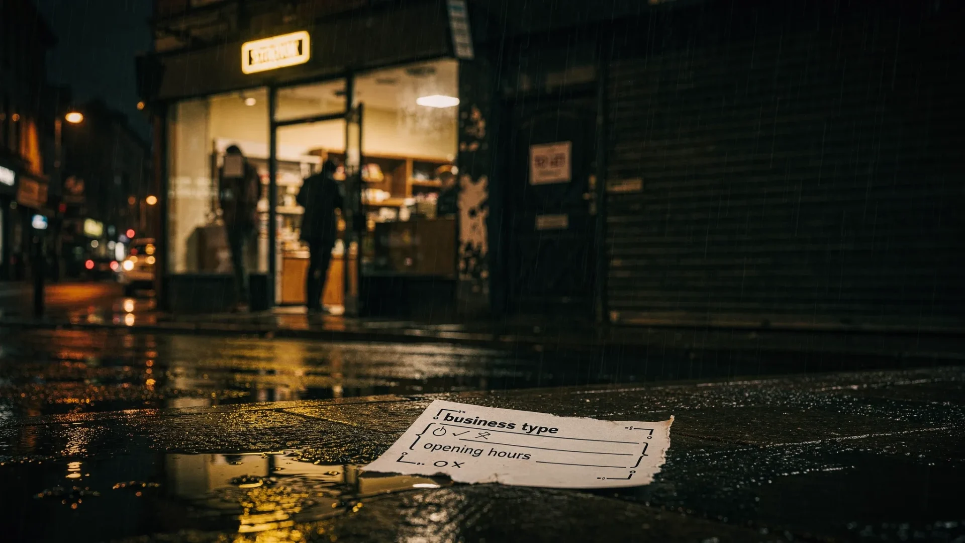 A dark, moody UK high street at night with two shopfronts side by side: one brightly lit with customers inside, the other unlit and empty. In the foreground, a torn paper label reads 