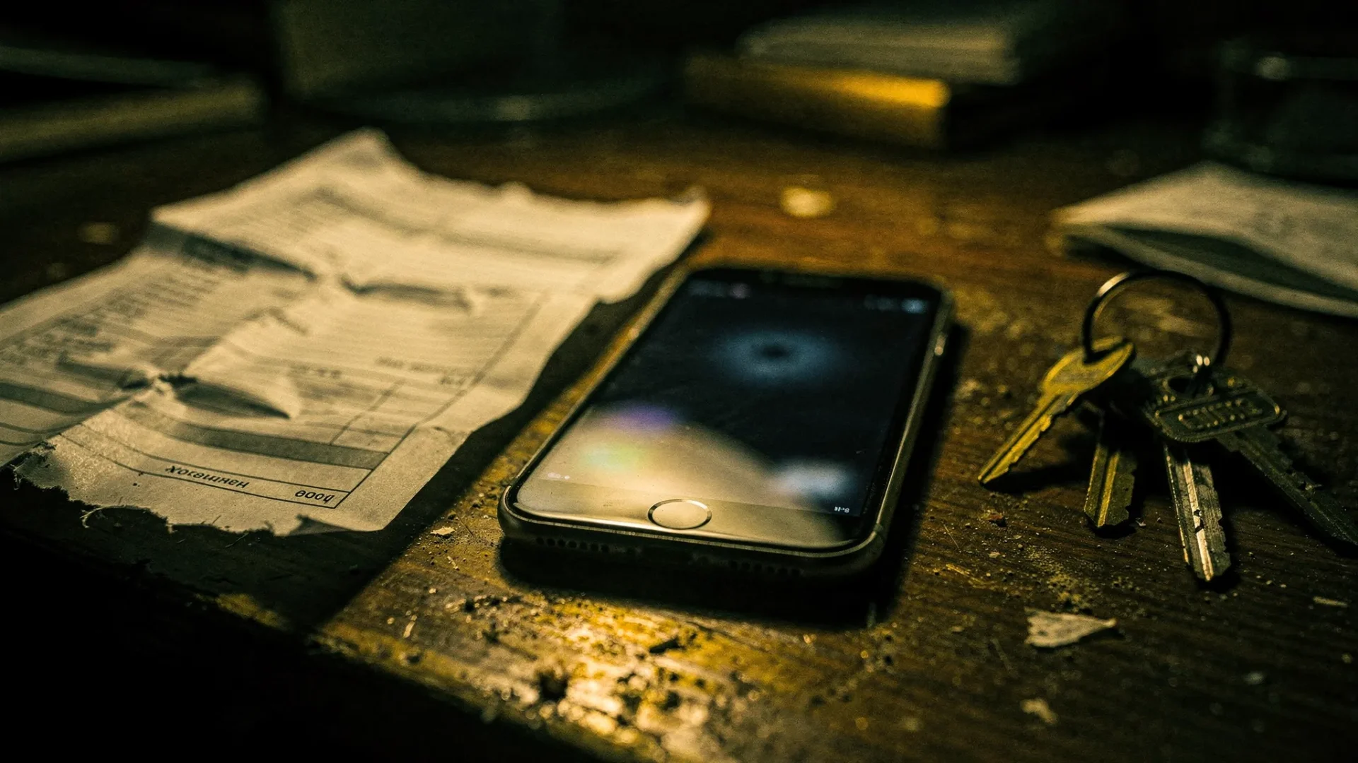 A high-contrast, cinematic close-up in deep dark green and gold tones of a silent smartphone on a messy desk in a dim room, with missed call notifications implied by the scene but no readable text on screen. A folded work invoice and a set of keys nearby. No people, moody lighting, confrontational tabloid energy.