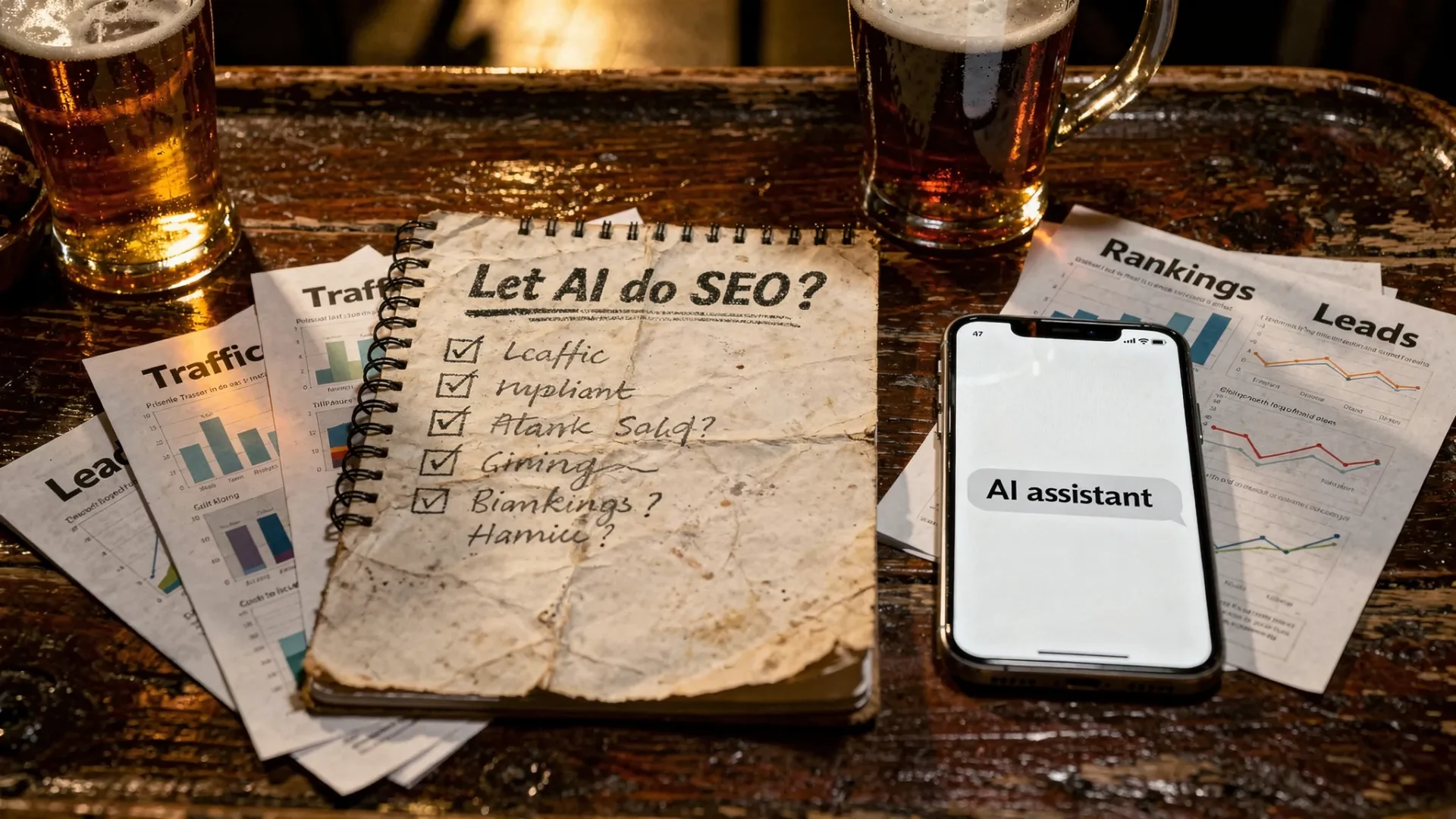 A humorous “SEO experiment” scene: a scruffy notepad on a pub table with a checklist titled “Let AI do SEO?”, a phone showing a generic AI chat bubble (screen facing the viewer), and scattered printouts labelled “Traffic”, “Rankings”, and “Leads”.