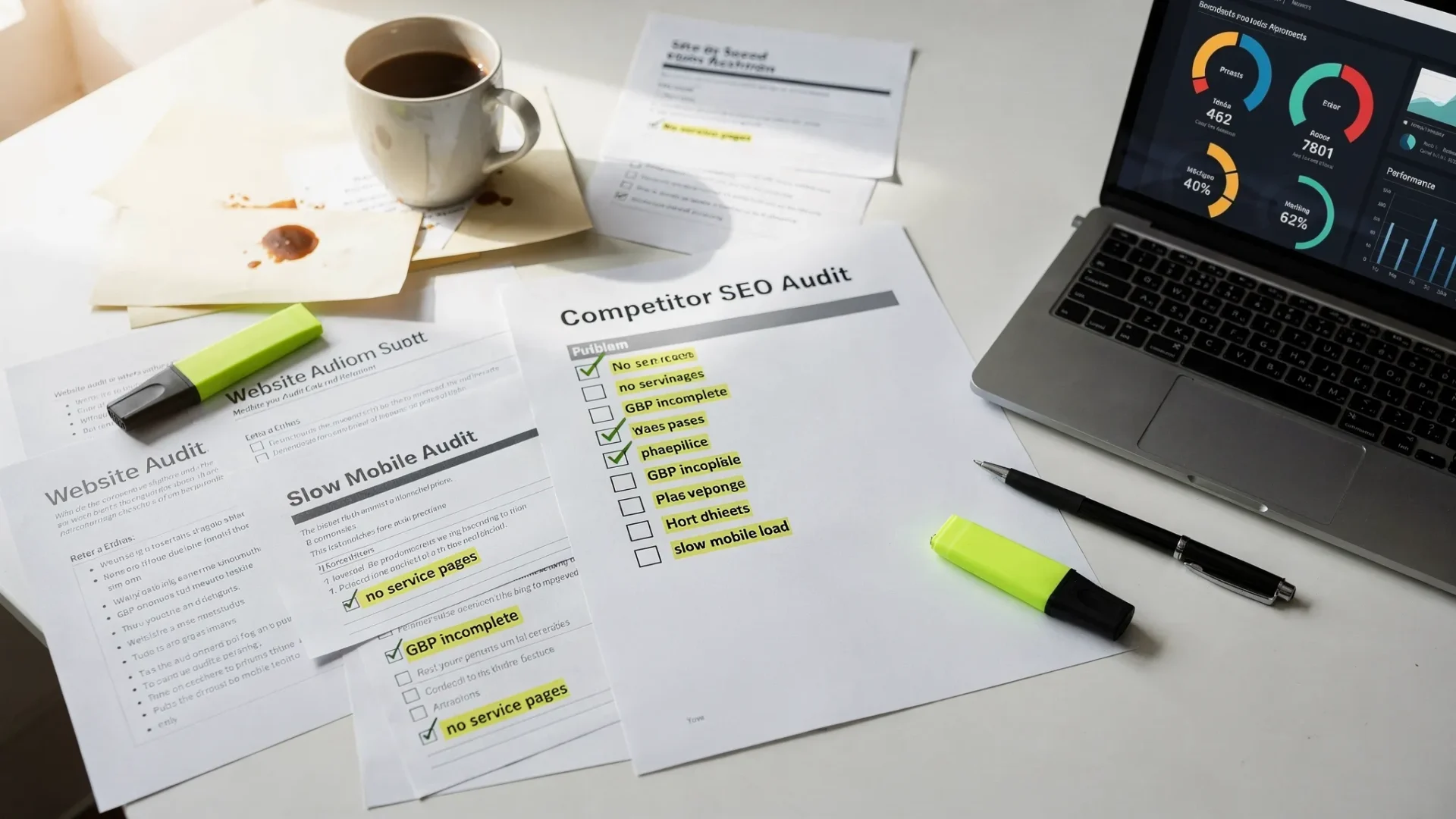 A messy desk scene with printed website audit notes, a checklist titled “Competitor SEO Audit”, a laptop open to a site speed report, and highlighted issues like “no service pages”, “GBP incomplete”, and “slow mobile load”.