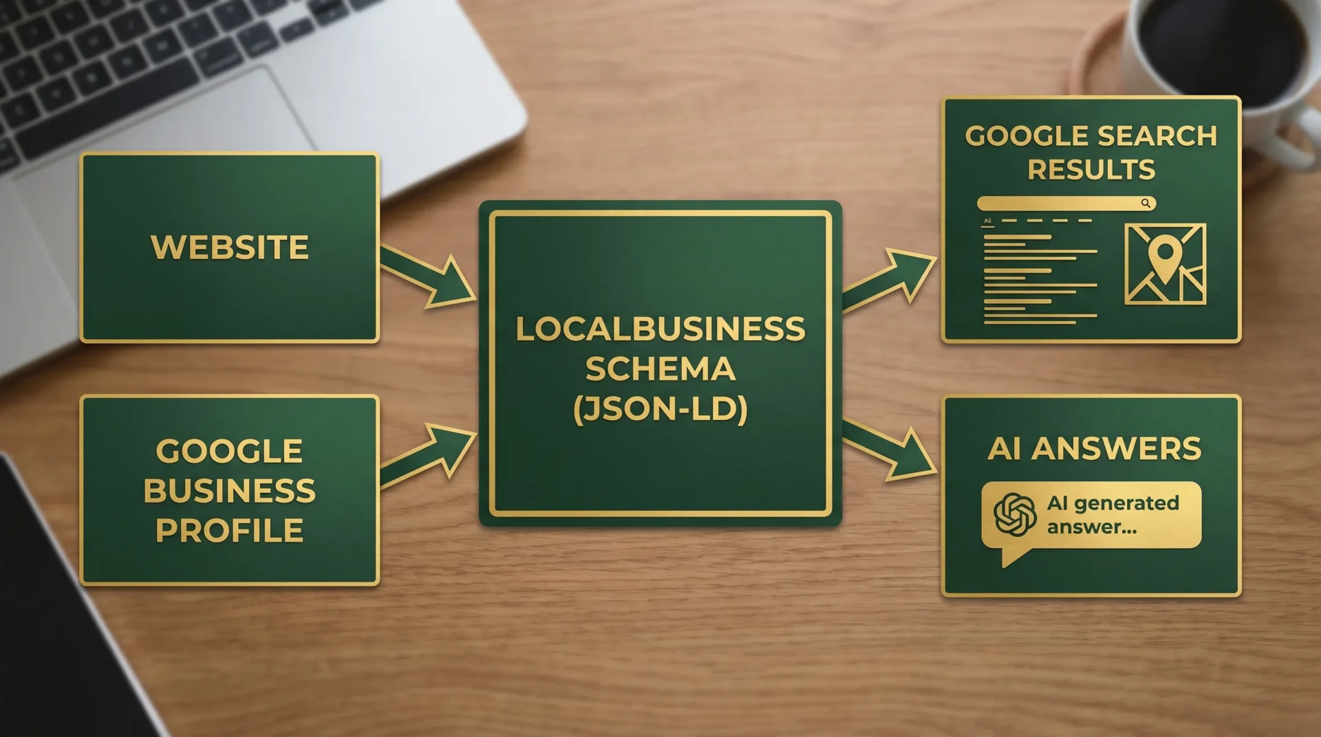 A minimal infographic showing “Website” and “Google Business Profile” as two boxes feeding into “LocalBusiness schema (JSON-LD)” and then into “Google search results and AI answers”, using a clean flat design with dark green and gold accents.