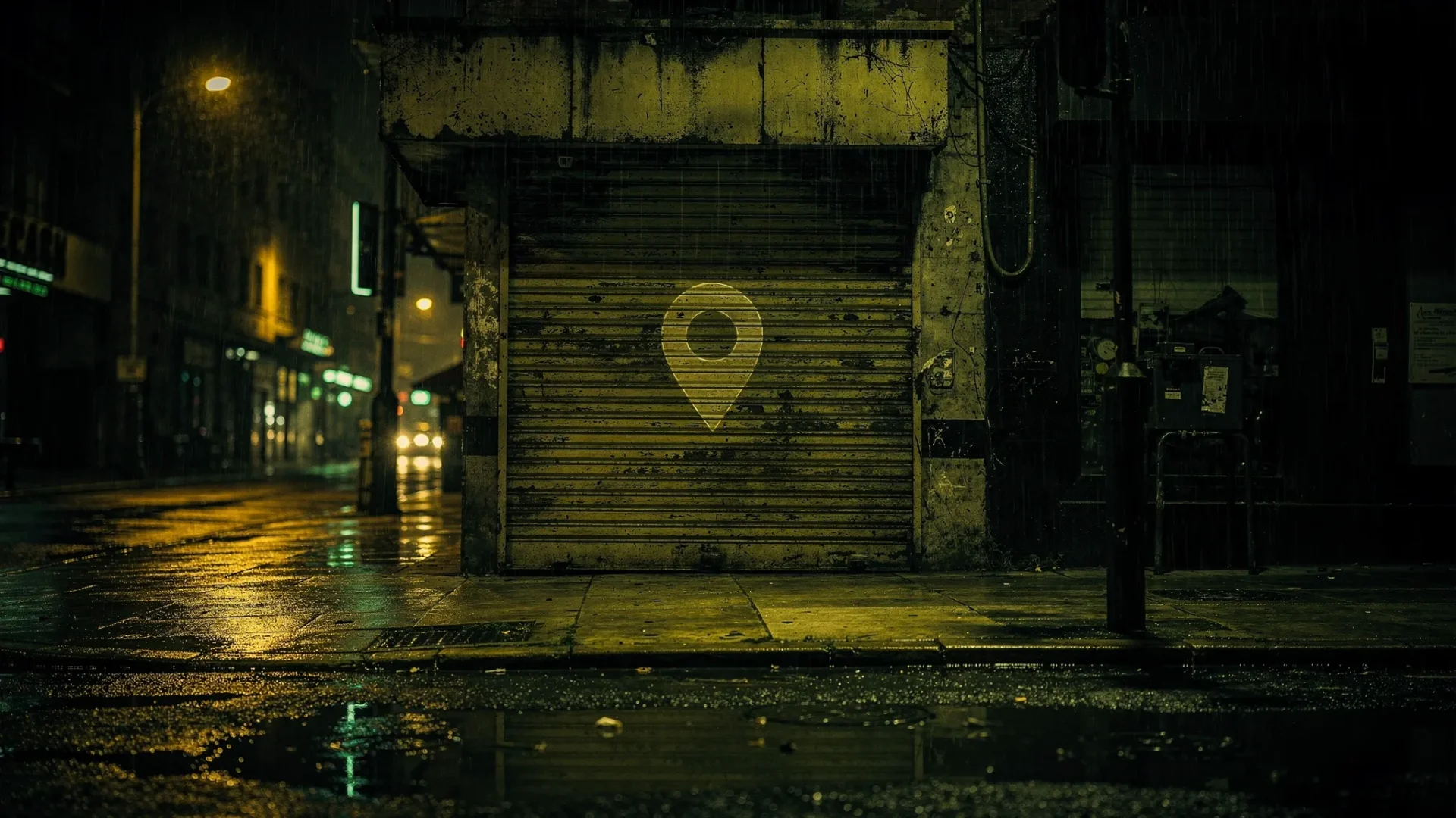 A moody, cinematic street scene at night in deep dark green and gold tones, showing a single small shopfront with its lights off, rain-slick pavement reflecting light, and a faint map-pin shape on the shutter like a missing badge. No text, no people, high contrast, tabloid front-page energy.