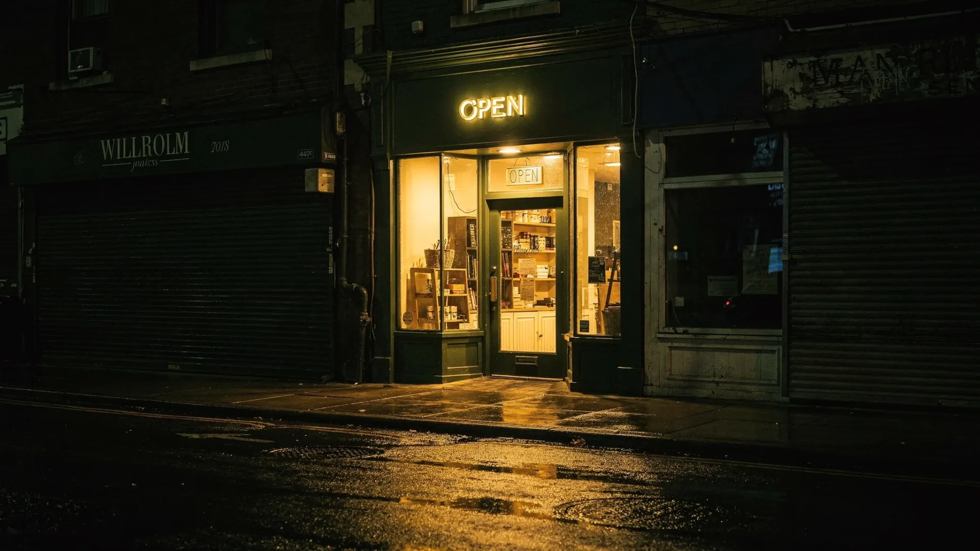 A moody, high-contrast night street scene in deep dark green and gold tones, showing one small independent shopfront brightly lit and inviting while neighbouring shopfronts are dark and empty, capturing the idea of being trusted and visible versus invisible online.