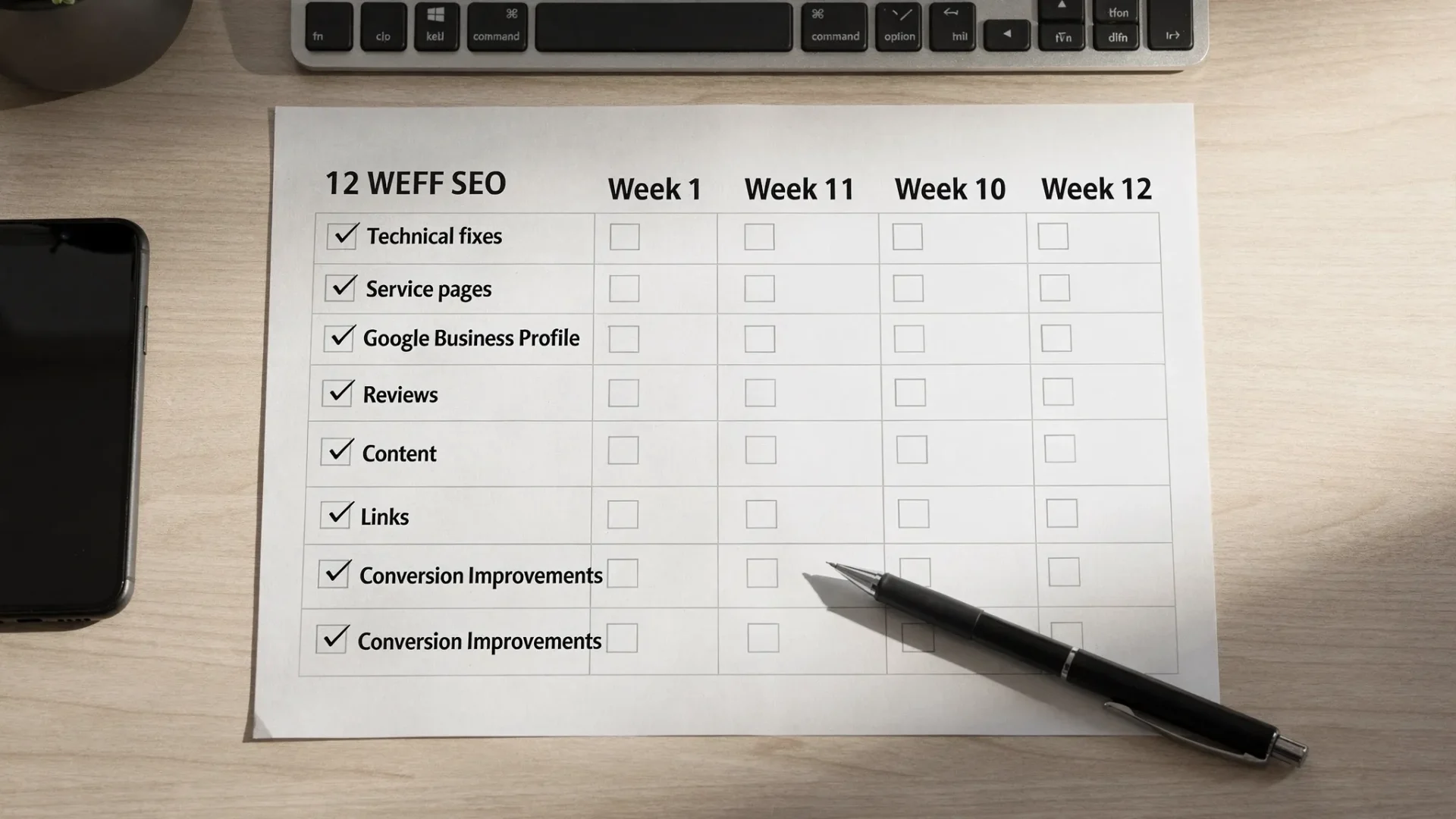 A simple 12-week SEO roadmap on a desk: a paper calendar marked Week 1 to Week 12, with checkboxes for technical fixes, service pages, Google Business Profile, reviews, content, links, and conversion improvements.
