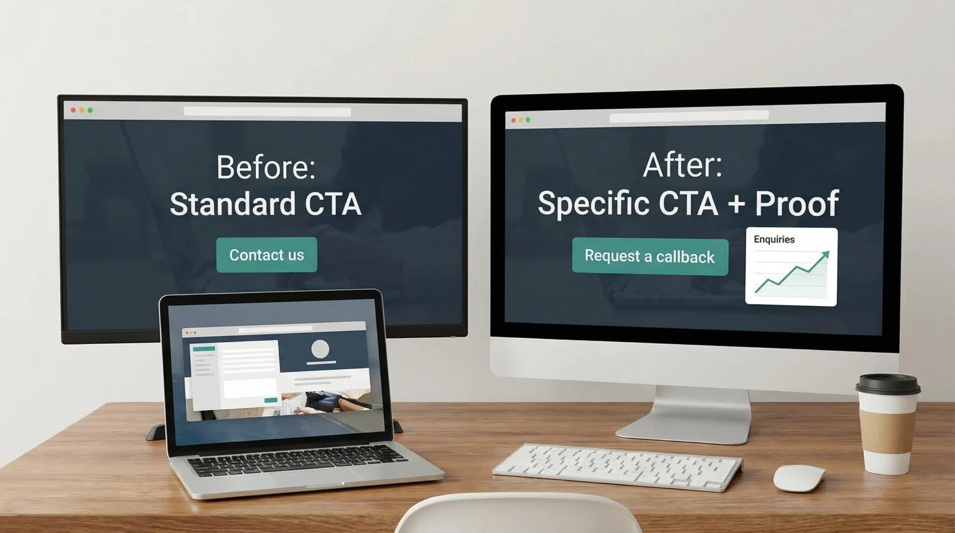A simple before-and-after website hero section mockup showing a main call-to-action button changing from “Contact us” to “Request a callback”, with a small line chart beside it indicating a jump in enquiries.